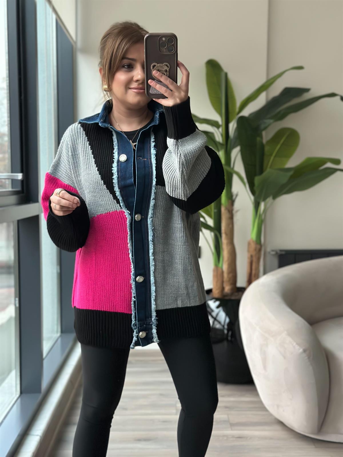 Taş Düğme Kot Geçişli Hırka PEMBE