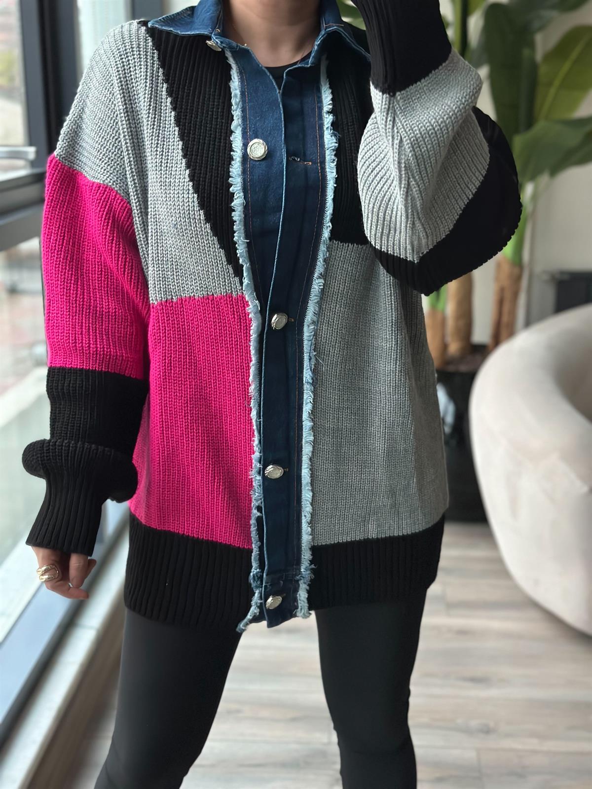 Taş Düğme Kot Geçişli Hırka PEMBE