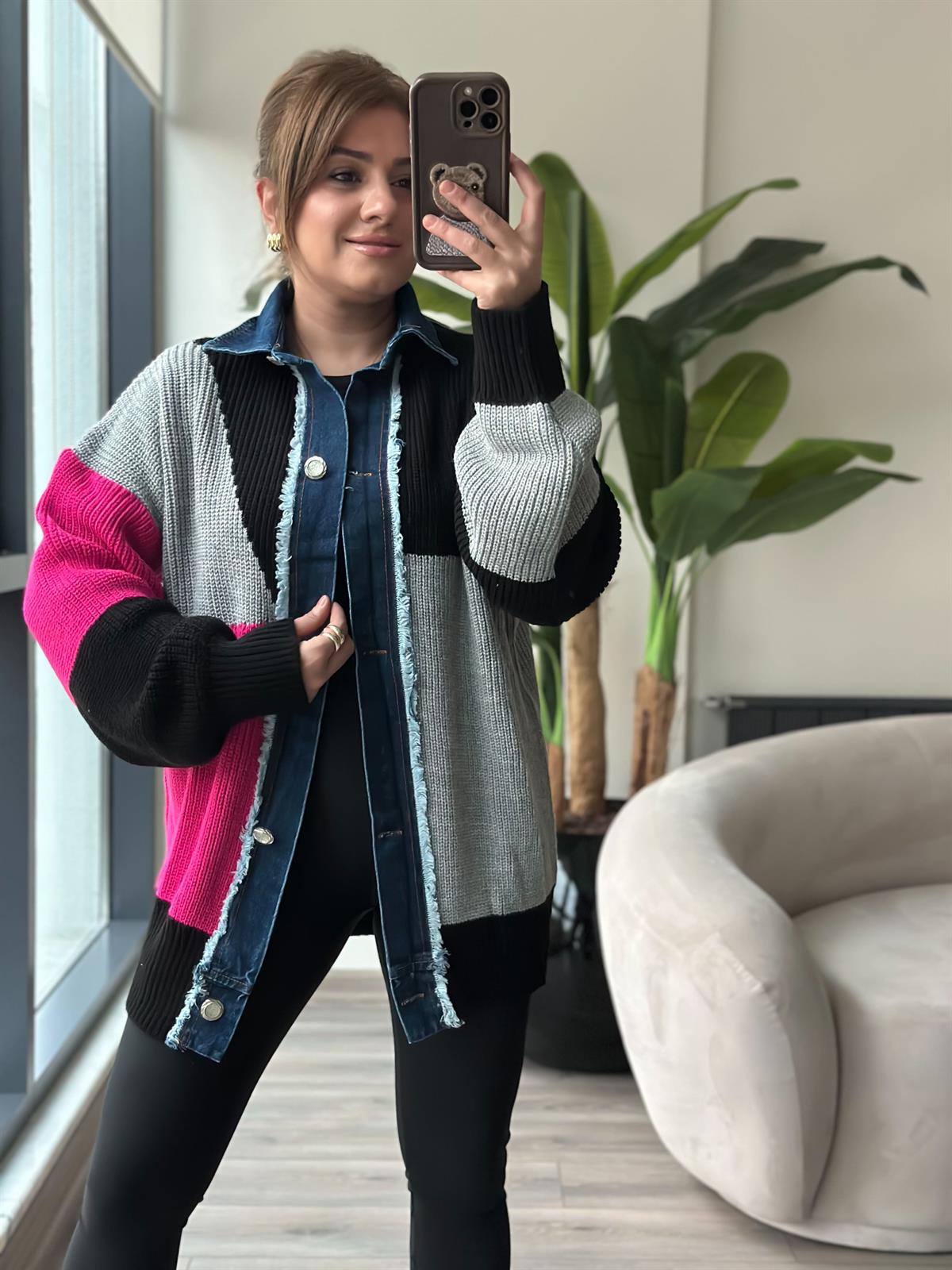 Taş Düğme Kot Geçişli Hırka PEMBE