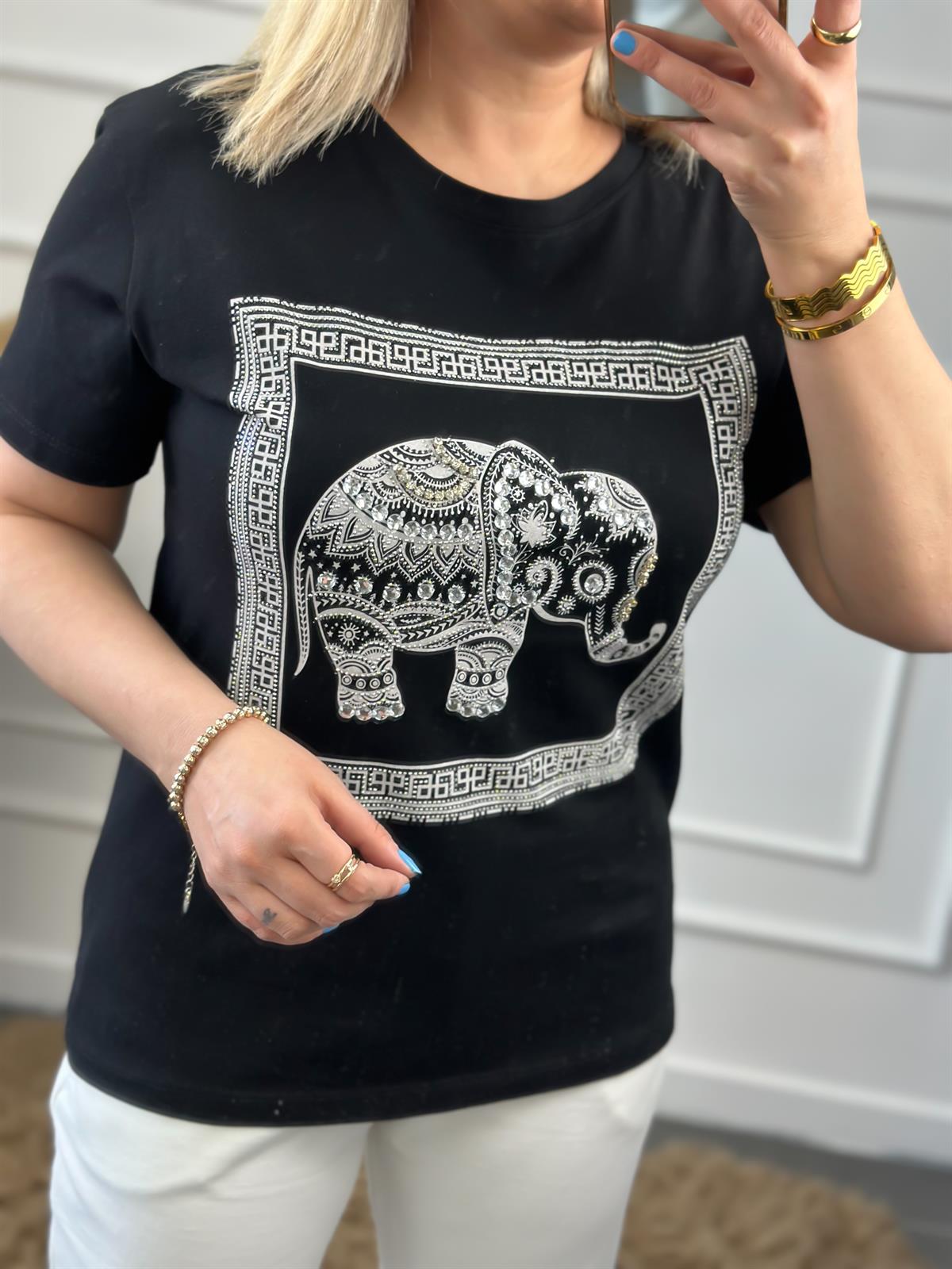 Taş İşleme Fil Desen Bisikilet Yaka Tshirt SİYAH