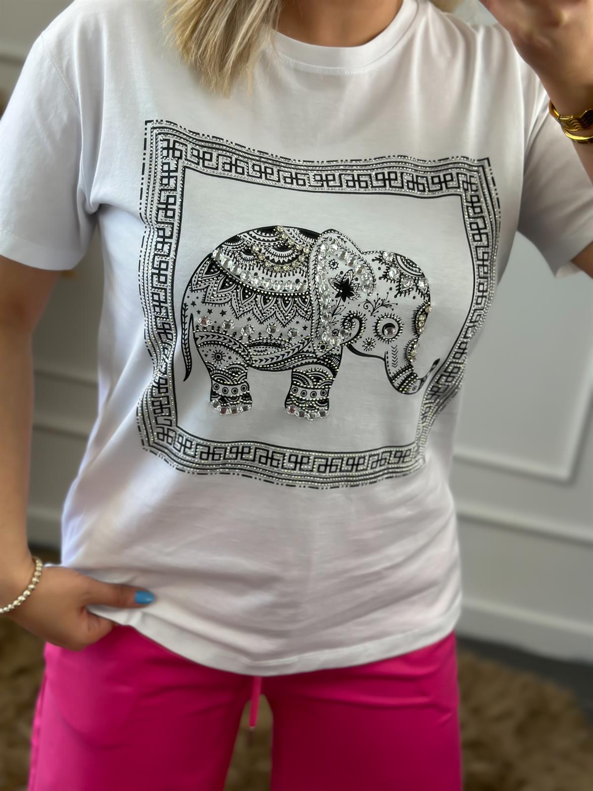 Taş İşleme Fil Desen Bisikilet Yaka Tshirt BEYAZ