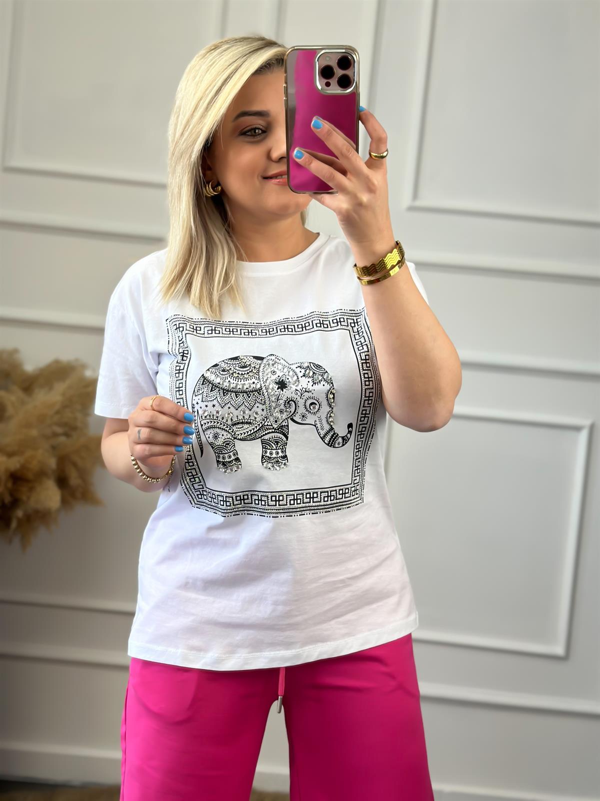 Taş İşleme Fil Desen Bisikilet Yaka Tshirt BEYAZ