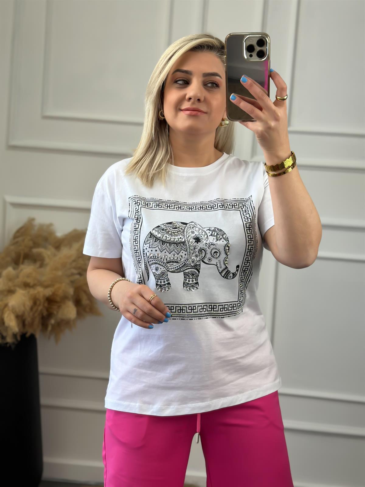 Taş İşleme Fil Desen Bisikilet Yaka Tshirt BEYAZ