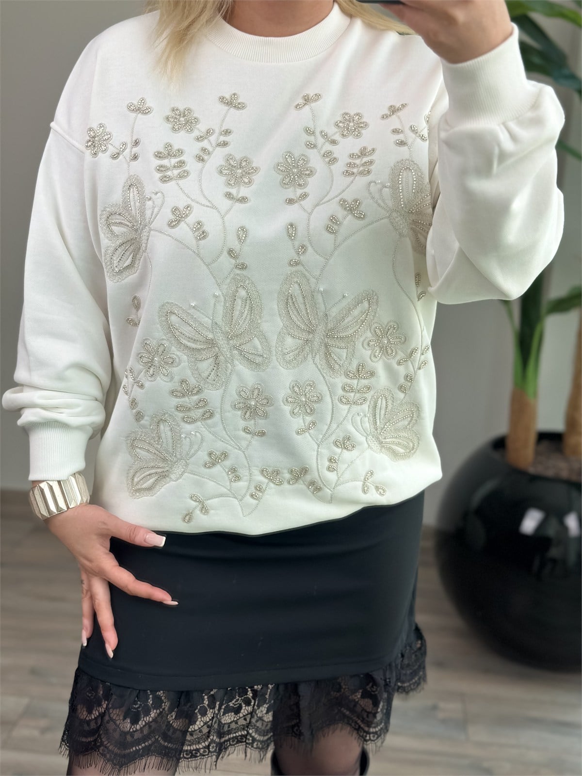Taş İşlemeli Kelebek Desenli Sweatshirt BEYAZ