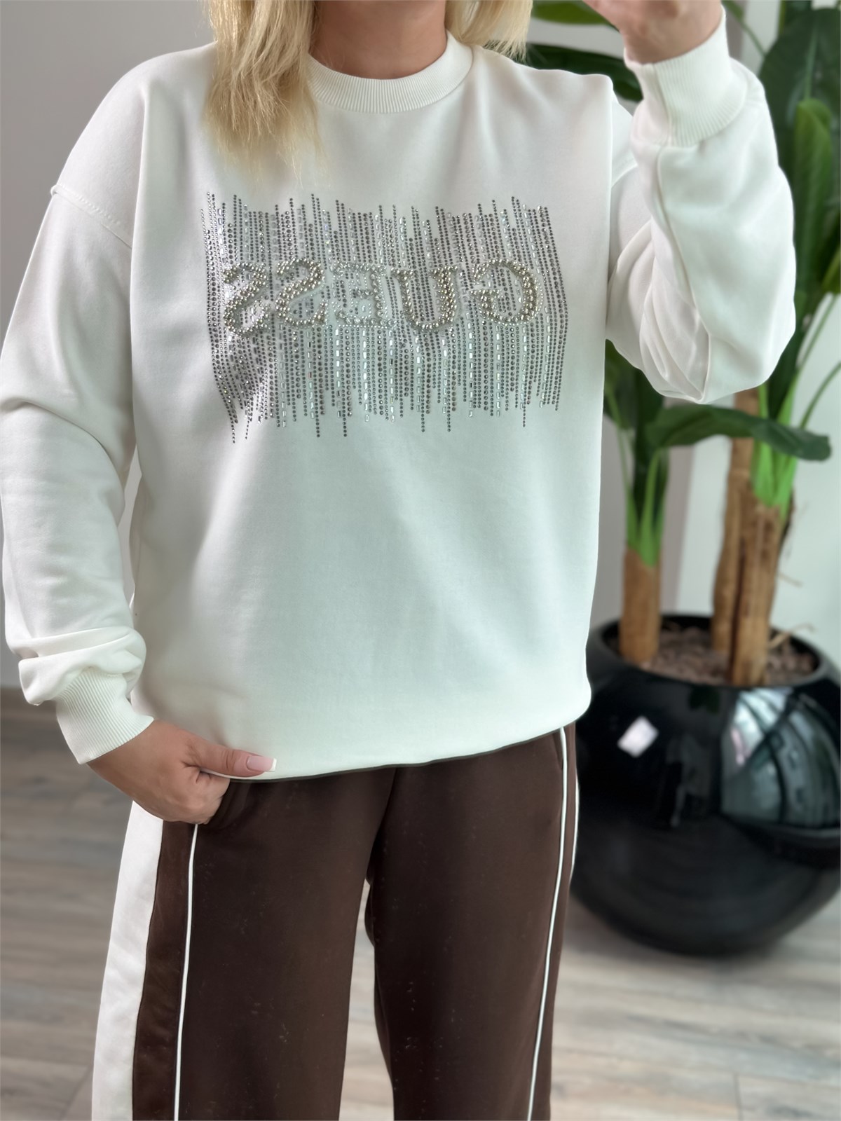 Taş İşlemeli Yazı Baskılı Sweatshirt BEYAZ