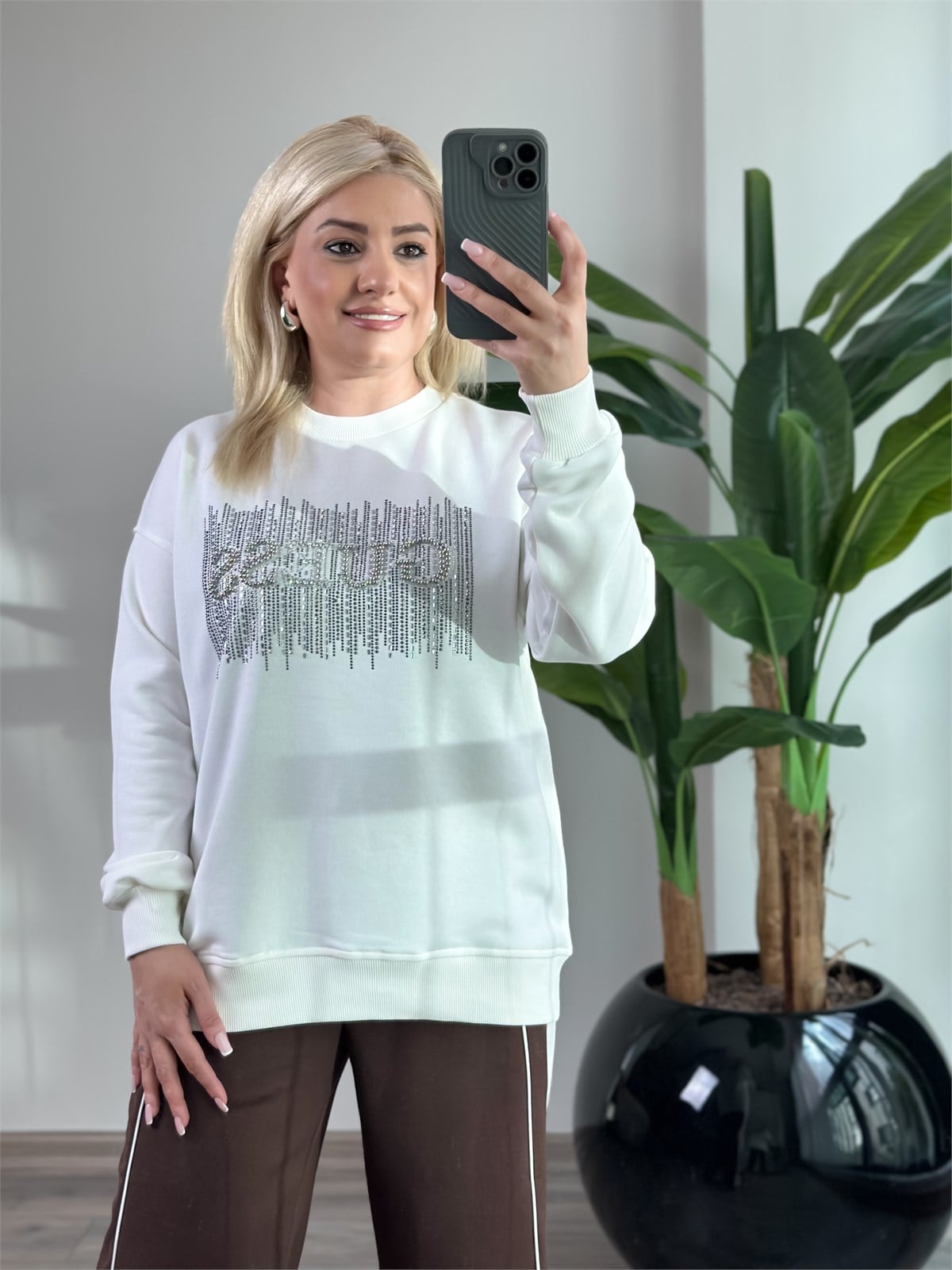 Taş İşlemeli Yazı Baskılı Sweatshirt BEYAZ