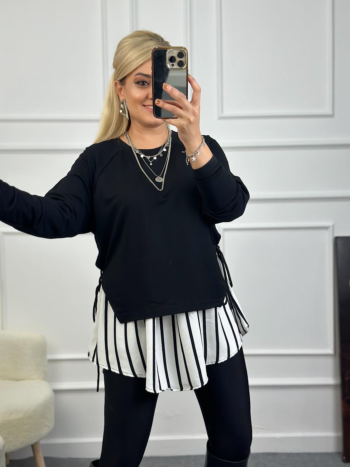 Tasarım Çizgili Yanları Bağlama Detaylı Sweatshirt BEYAZ
