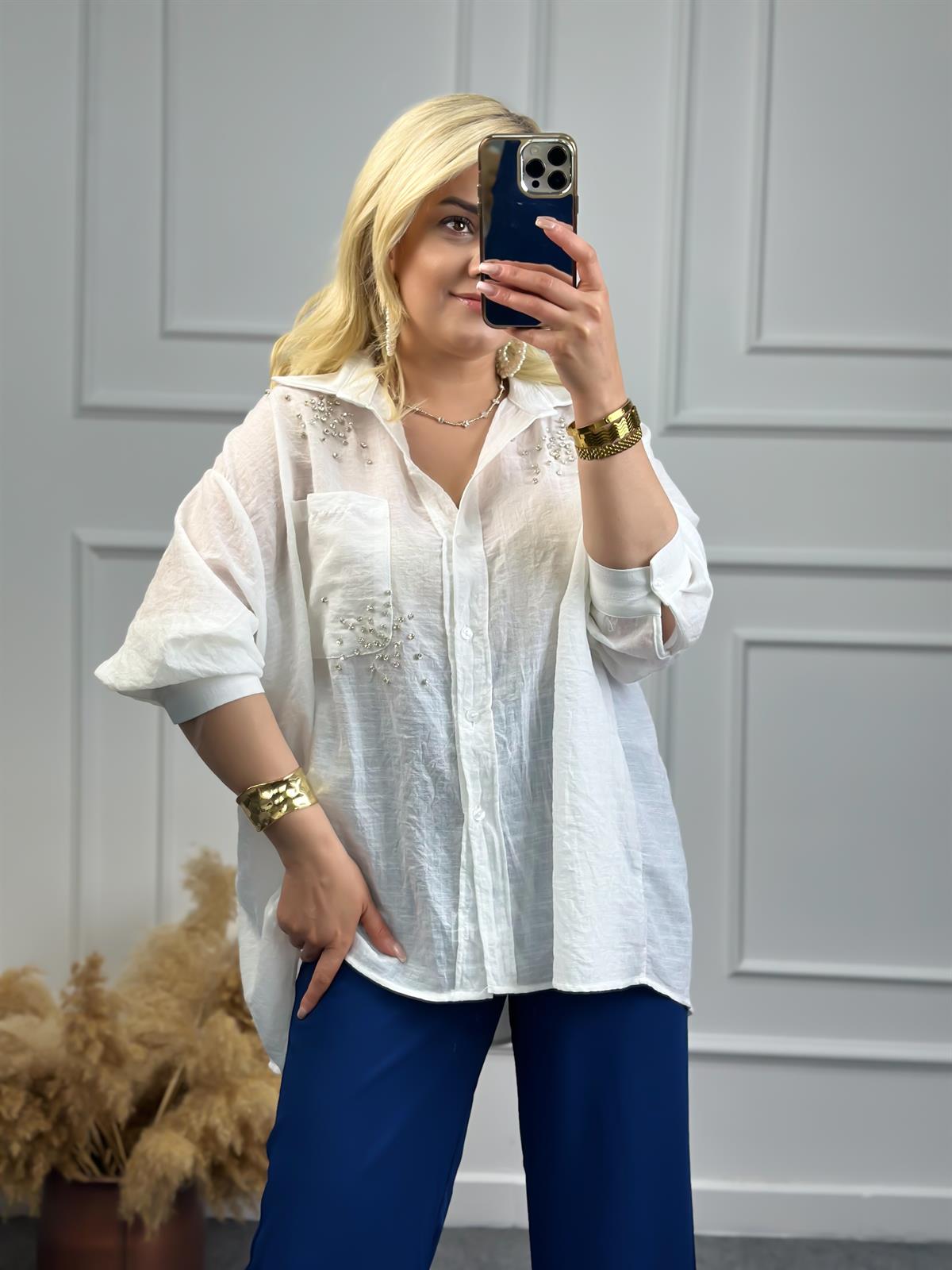 Taşlı Cepli Oversize Gömlek BEYAZ