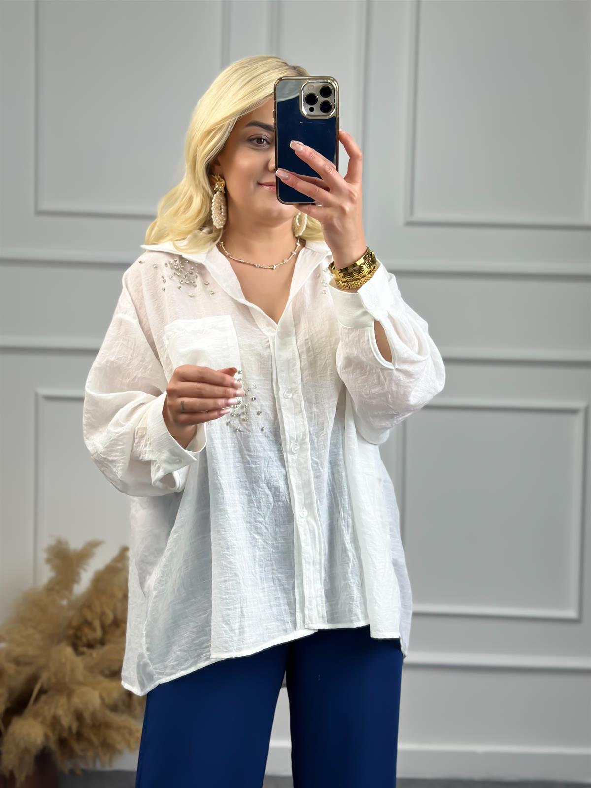 Taşlı Cepli Oversize Gömlek BEYAZ