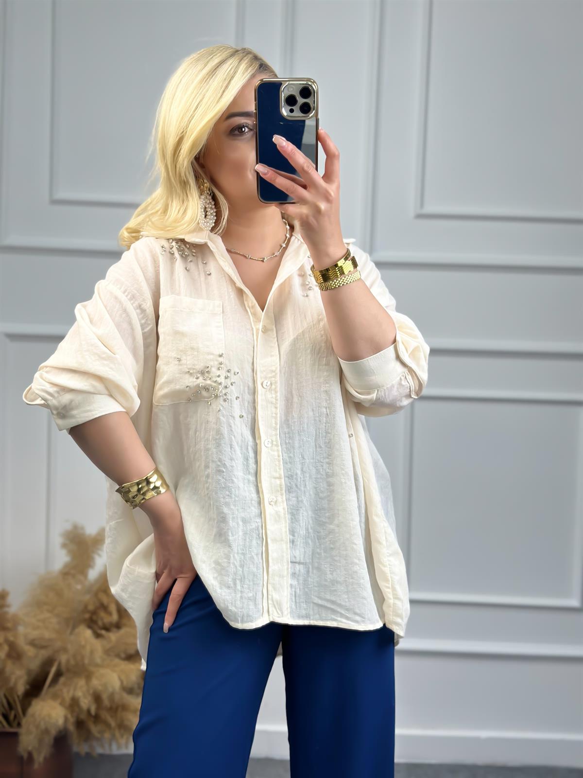 Taşlı Cepli Oversize Gömlek EKRU