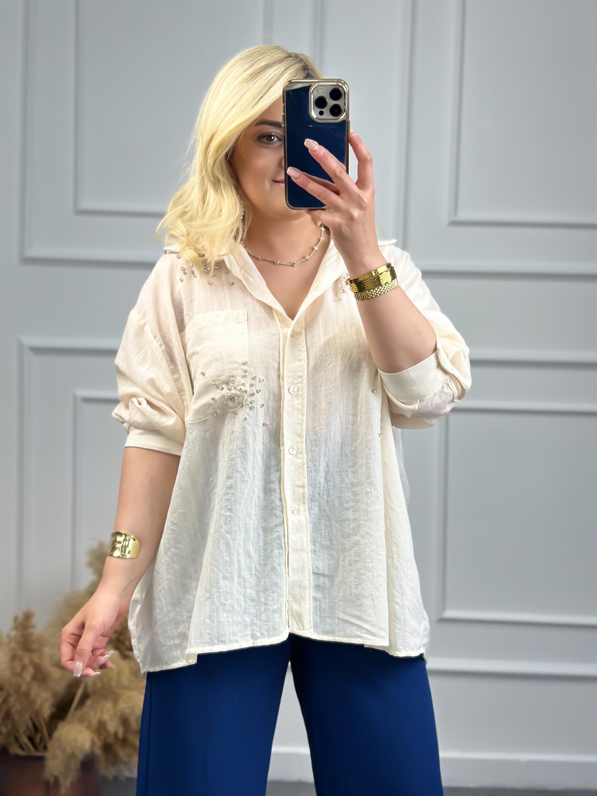 Taşlı Cepli Oversize Gömlek EKRU