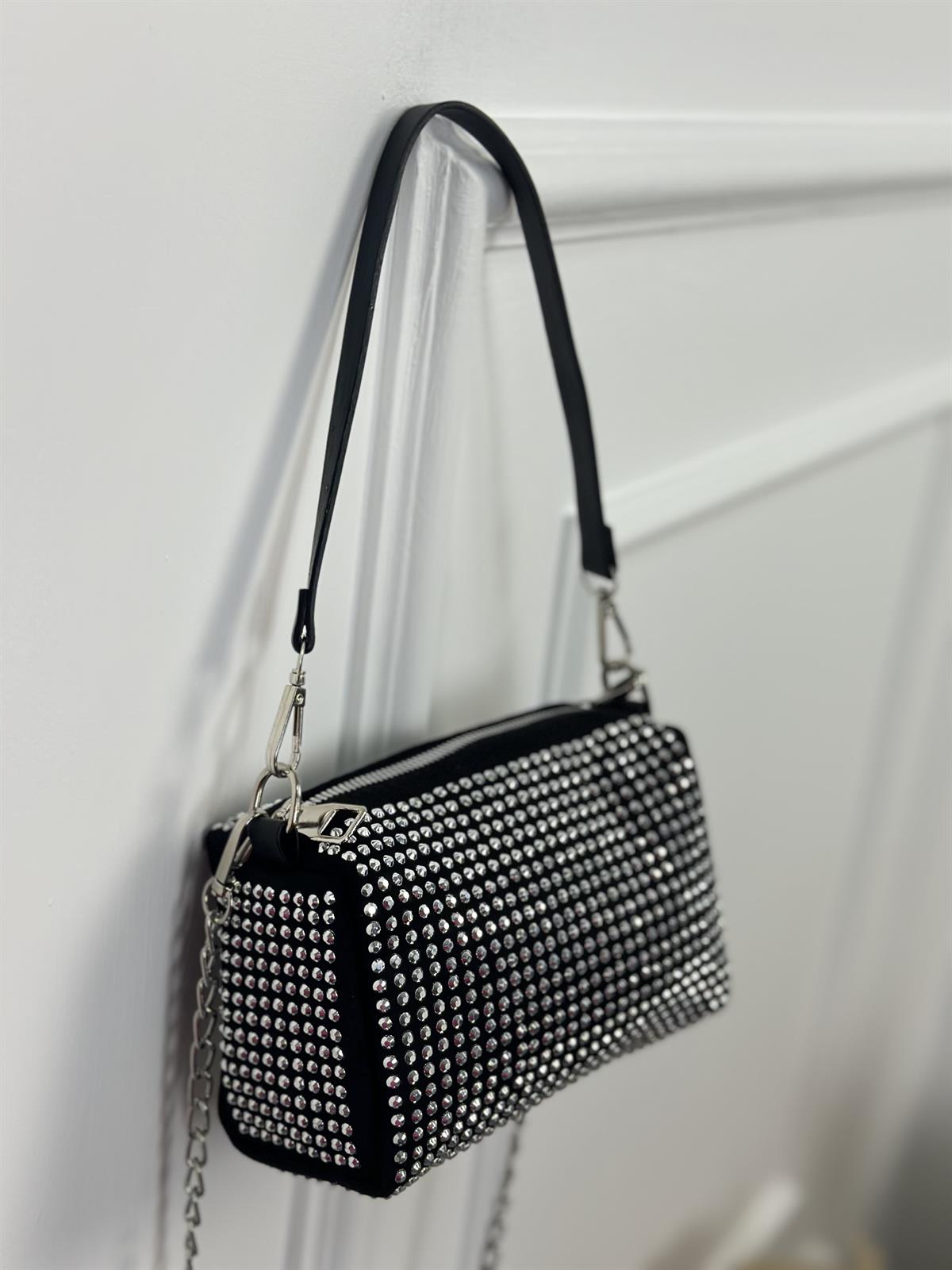 Taşlı Kare El Ve Omuz Çantası SİYAH