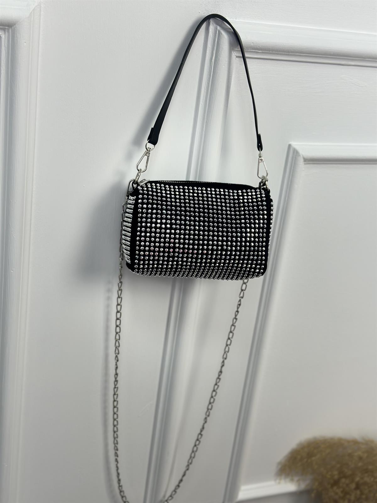 Taşlı Kare El Ve Omuz Çantası SİYAH