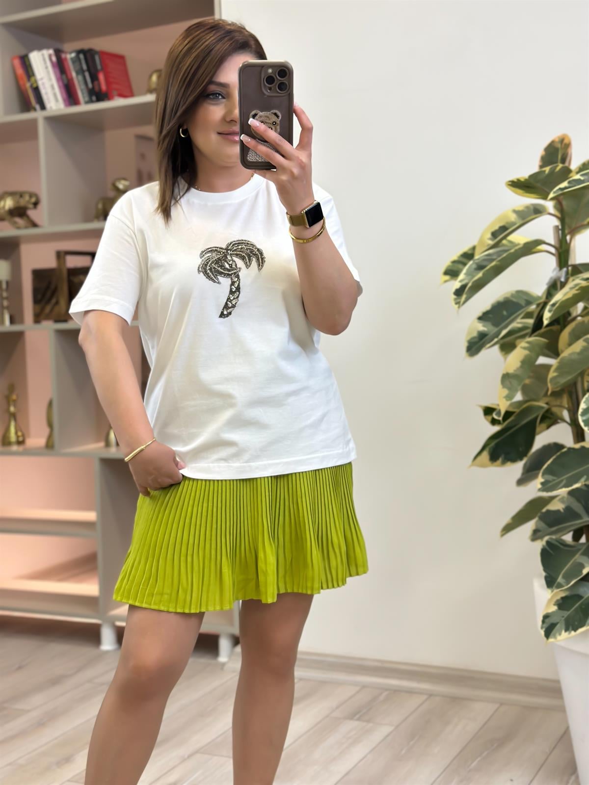 Taşlı Palmiye Tshirt BEYAZ