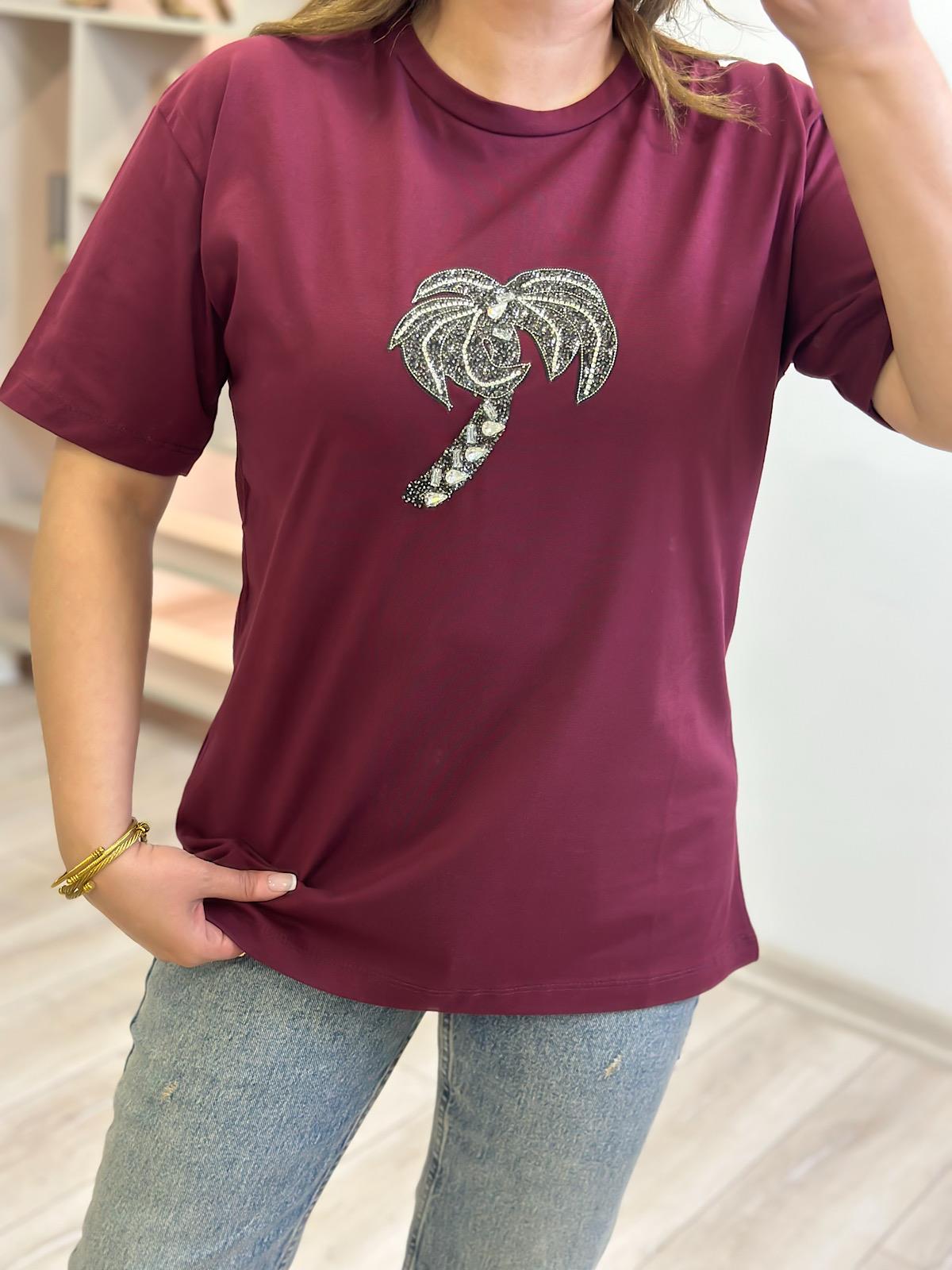 Taşlı Palmiye Tshirt BORDO
