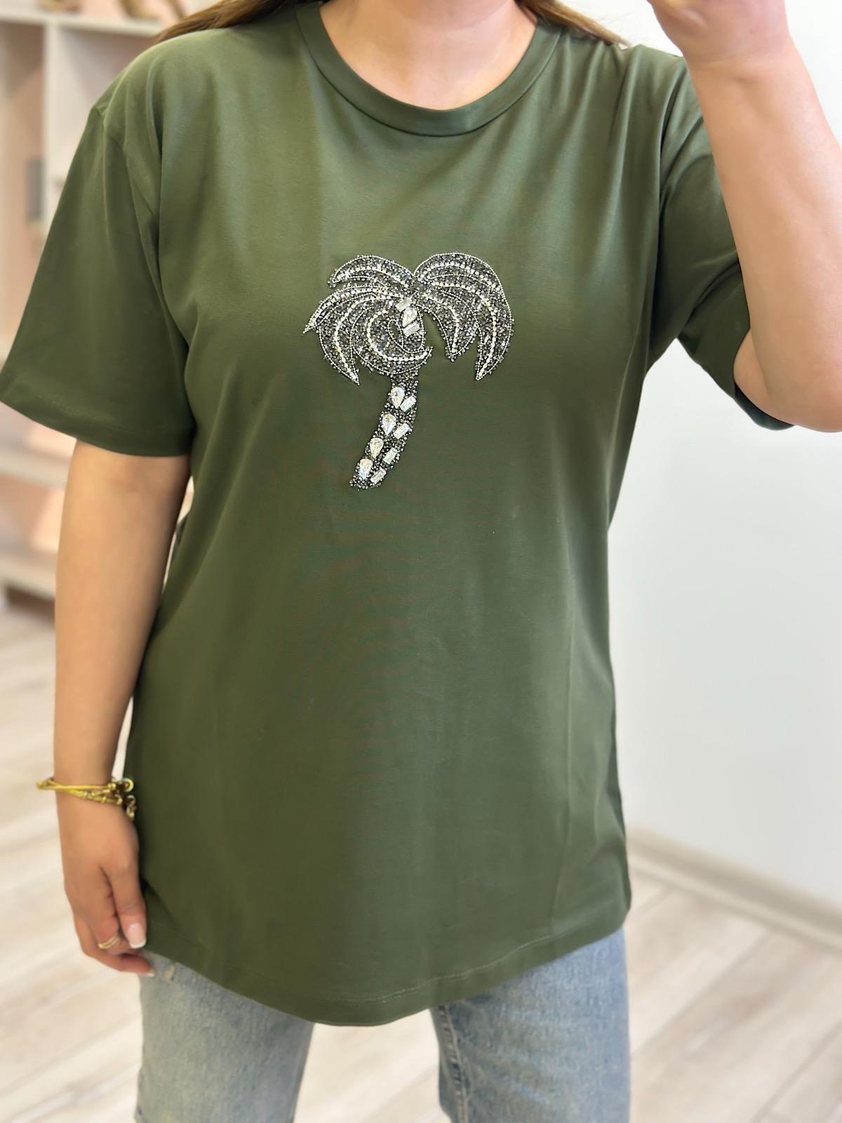 Taşlı Palmiye Tshirt HAKİ