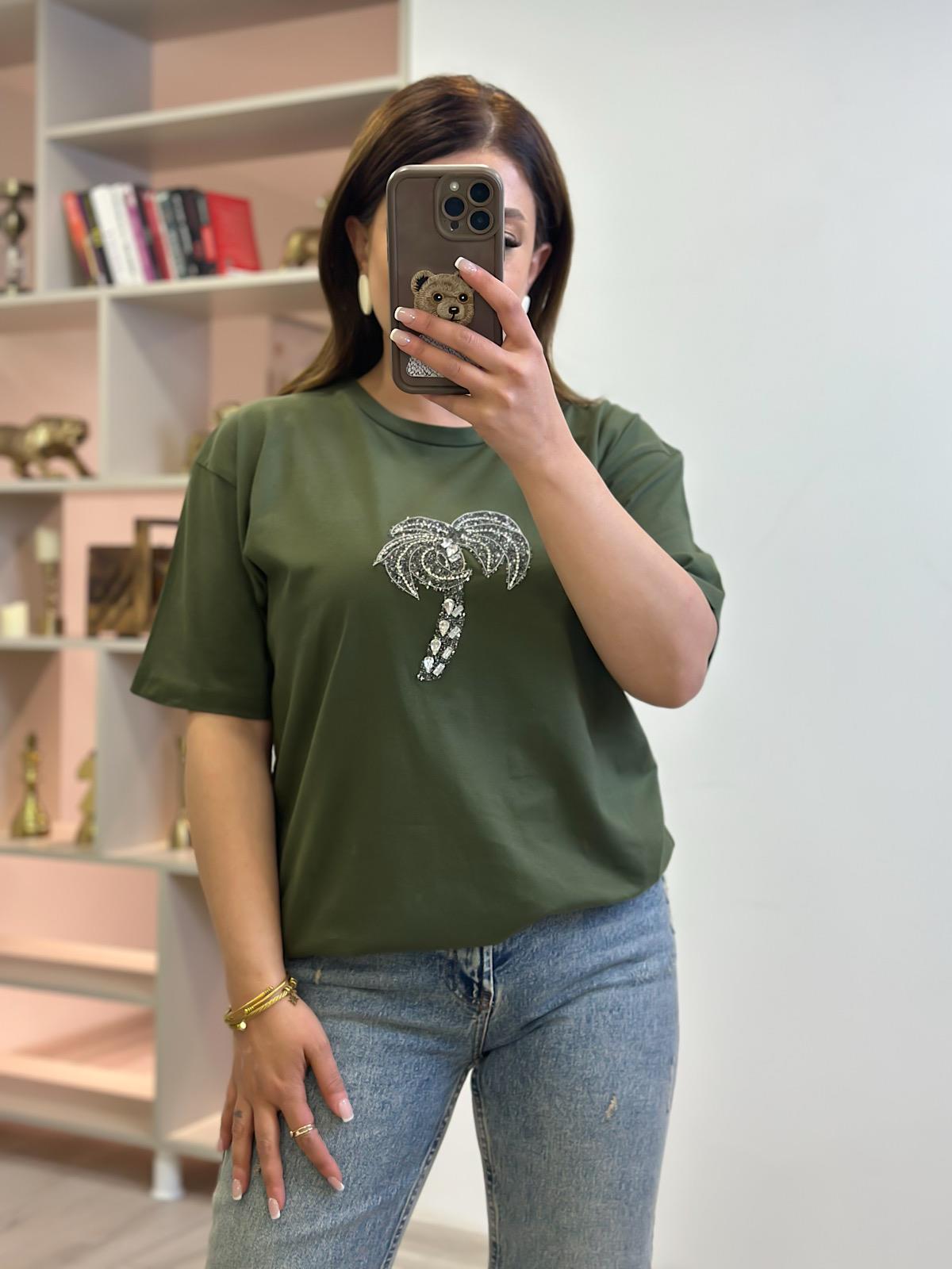 Taşlı Palmiye Tshirt HAKİ