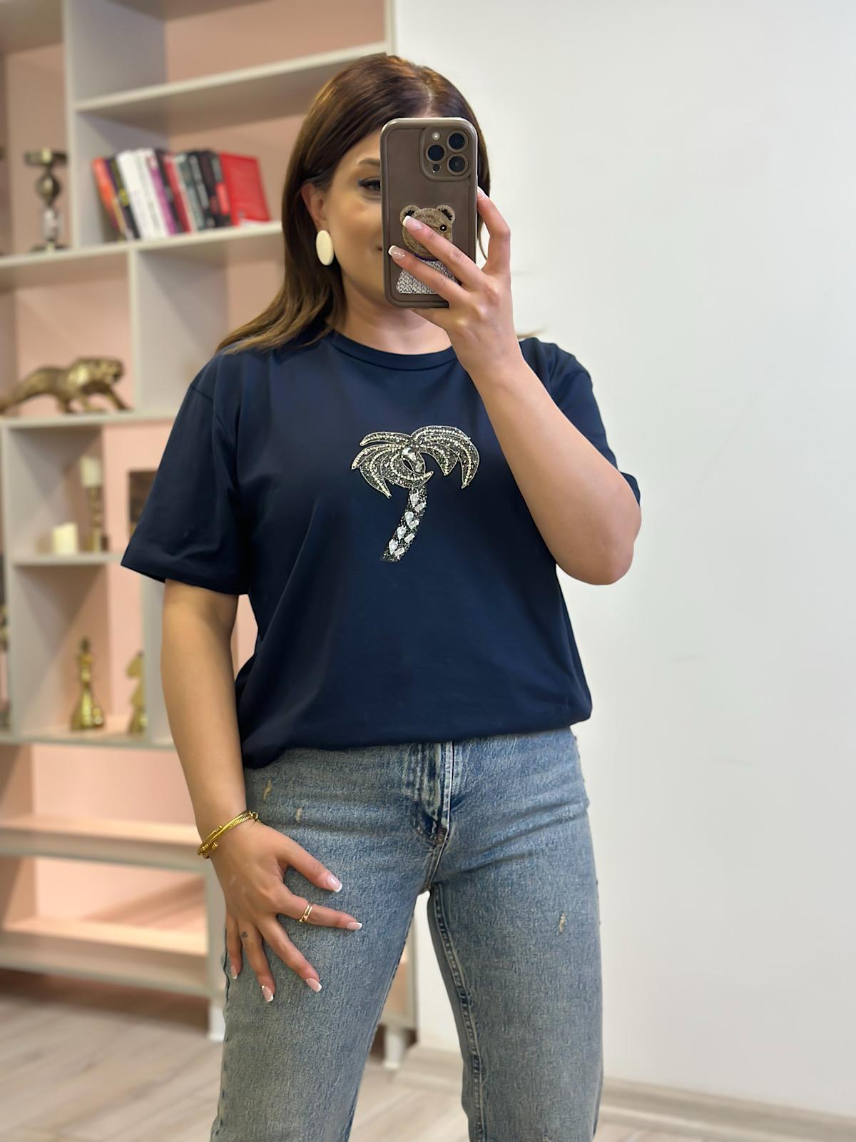 Taşlı Palmiye Tshirt LACİVERT