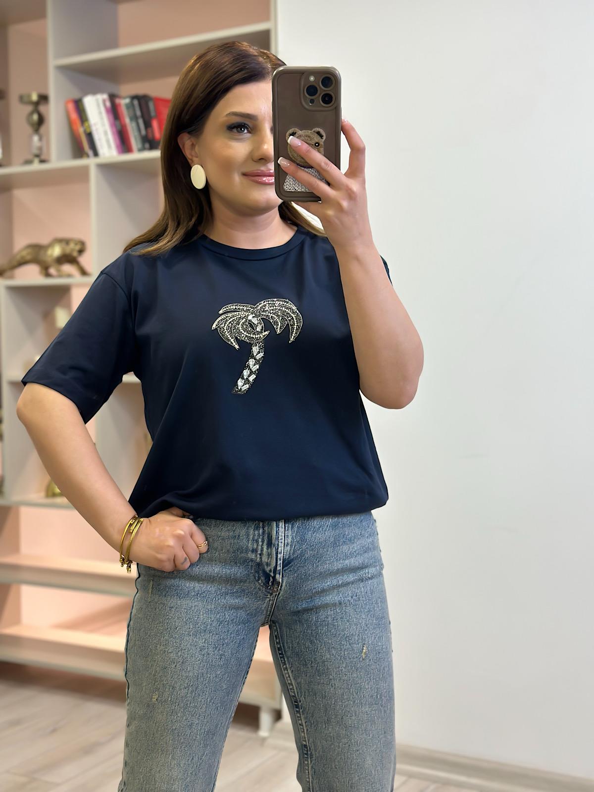 Taşlı Palmiye Tshirt LACİVERT