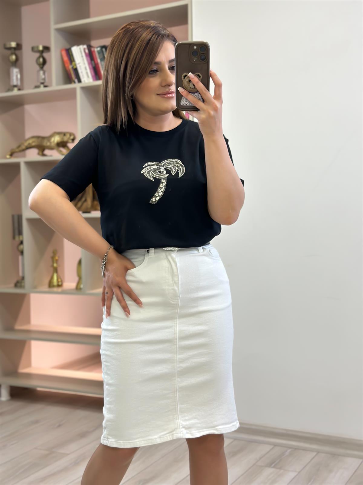 Taşlı Palmiye Tshirt SİYAH