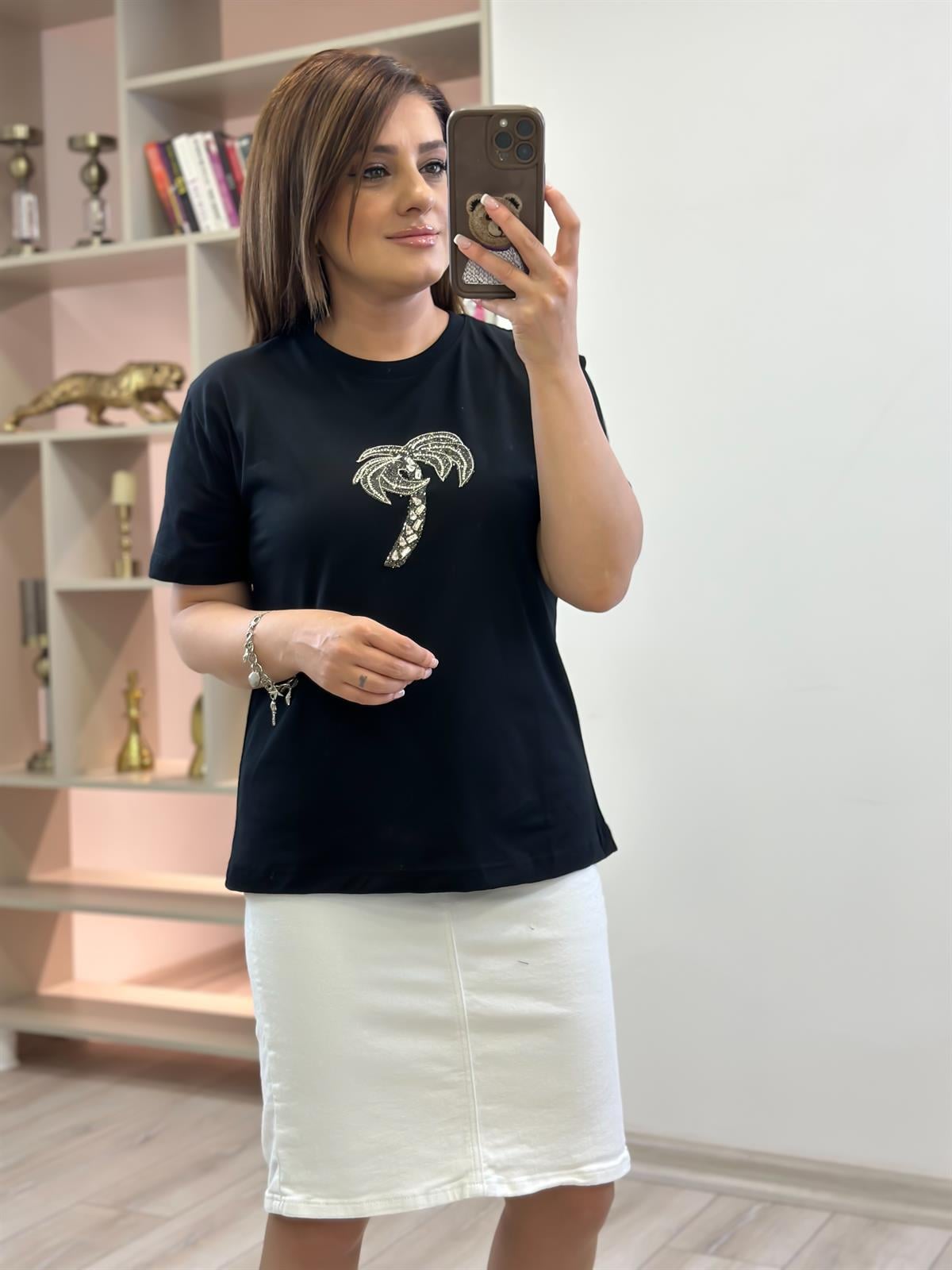 Taşlı Palmiye Tshirt SİYAH