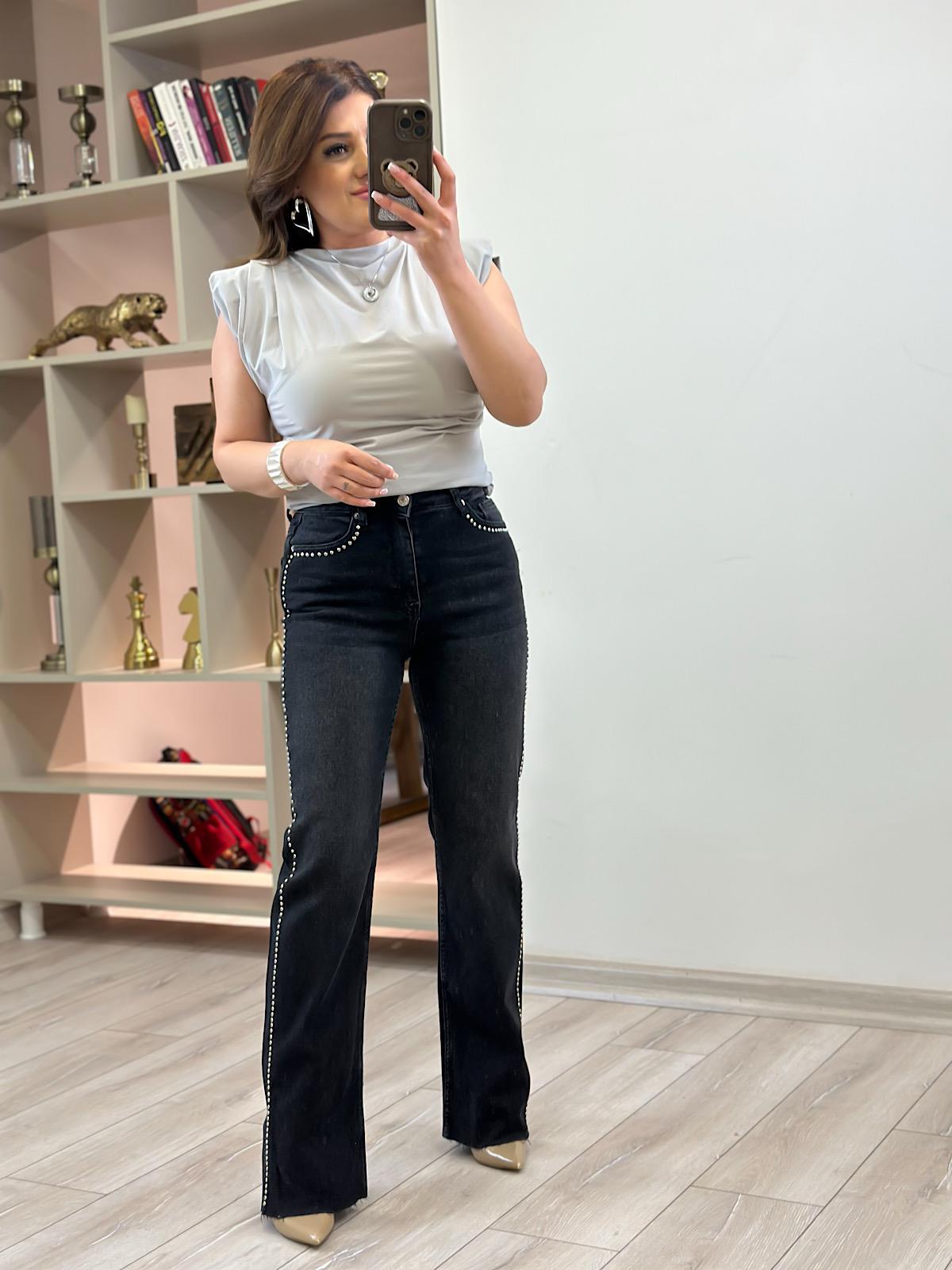Taşlı Straight Kot Pantolon FÜME