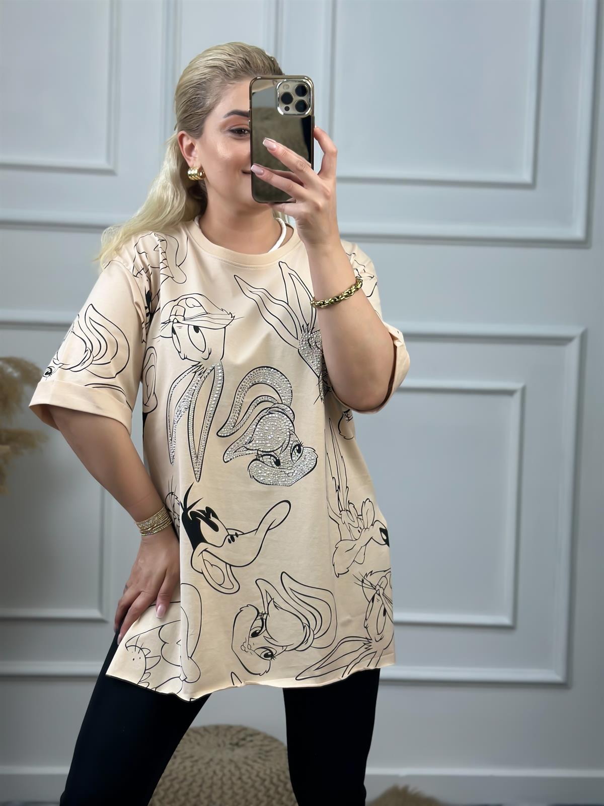 Tavşan Baskılı Taşlı Tshirt BEJ