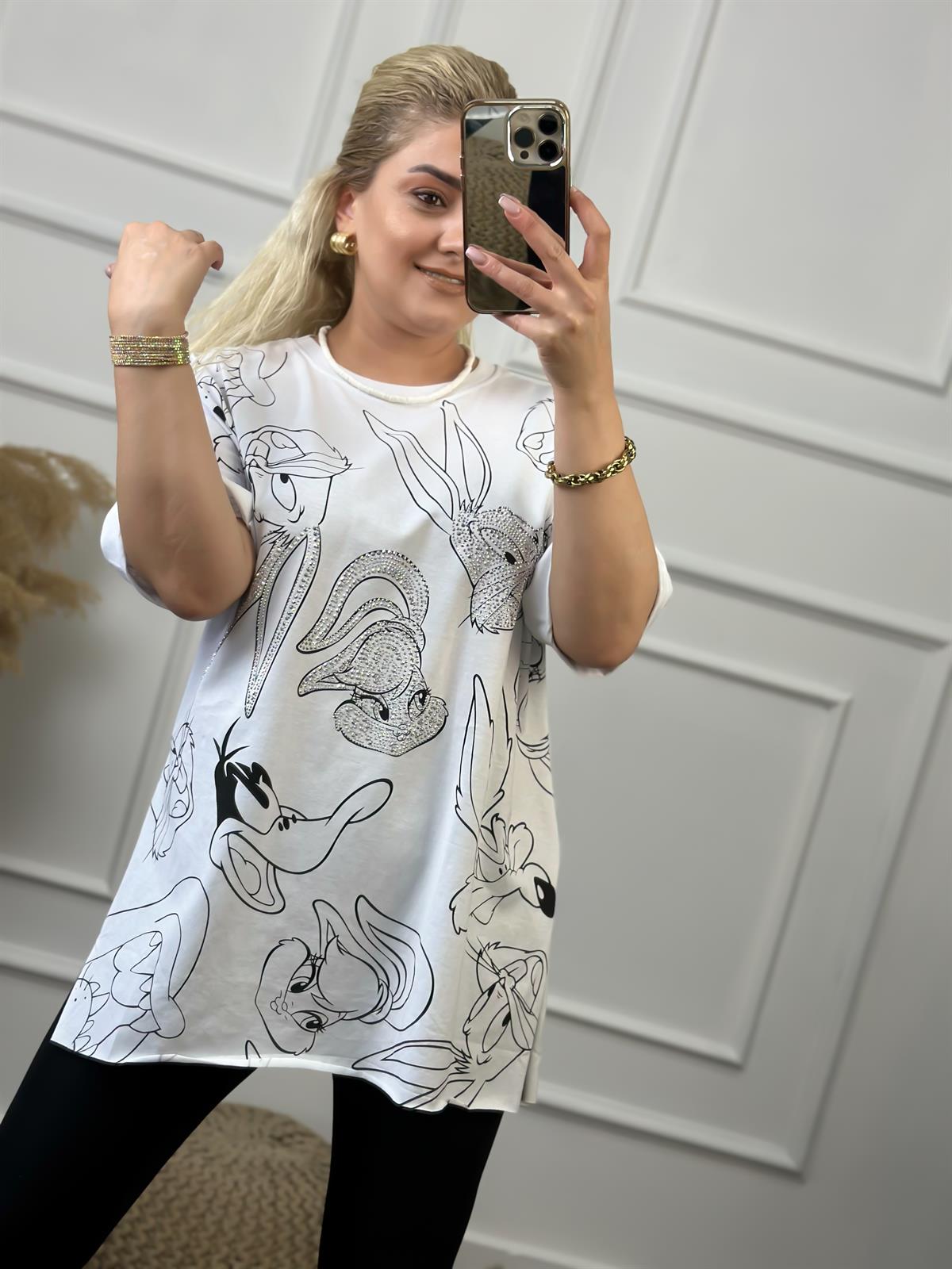 Tavşan Baskılı Taşlı Tshirt BEYAZ