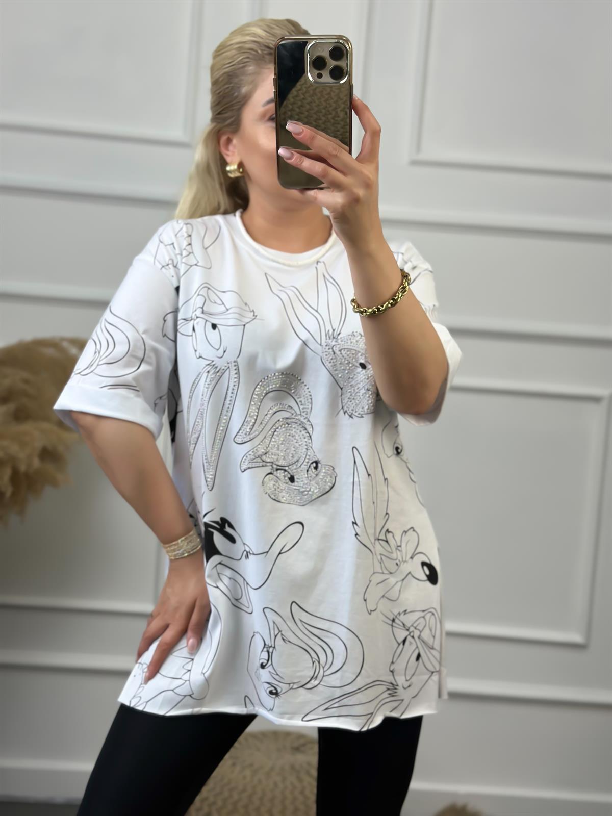 Tavşan Baskılı Taşlı Tshirt BEYAZ