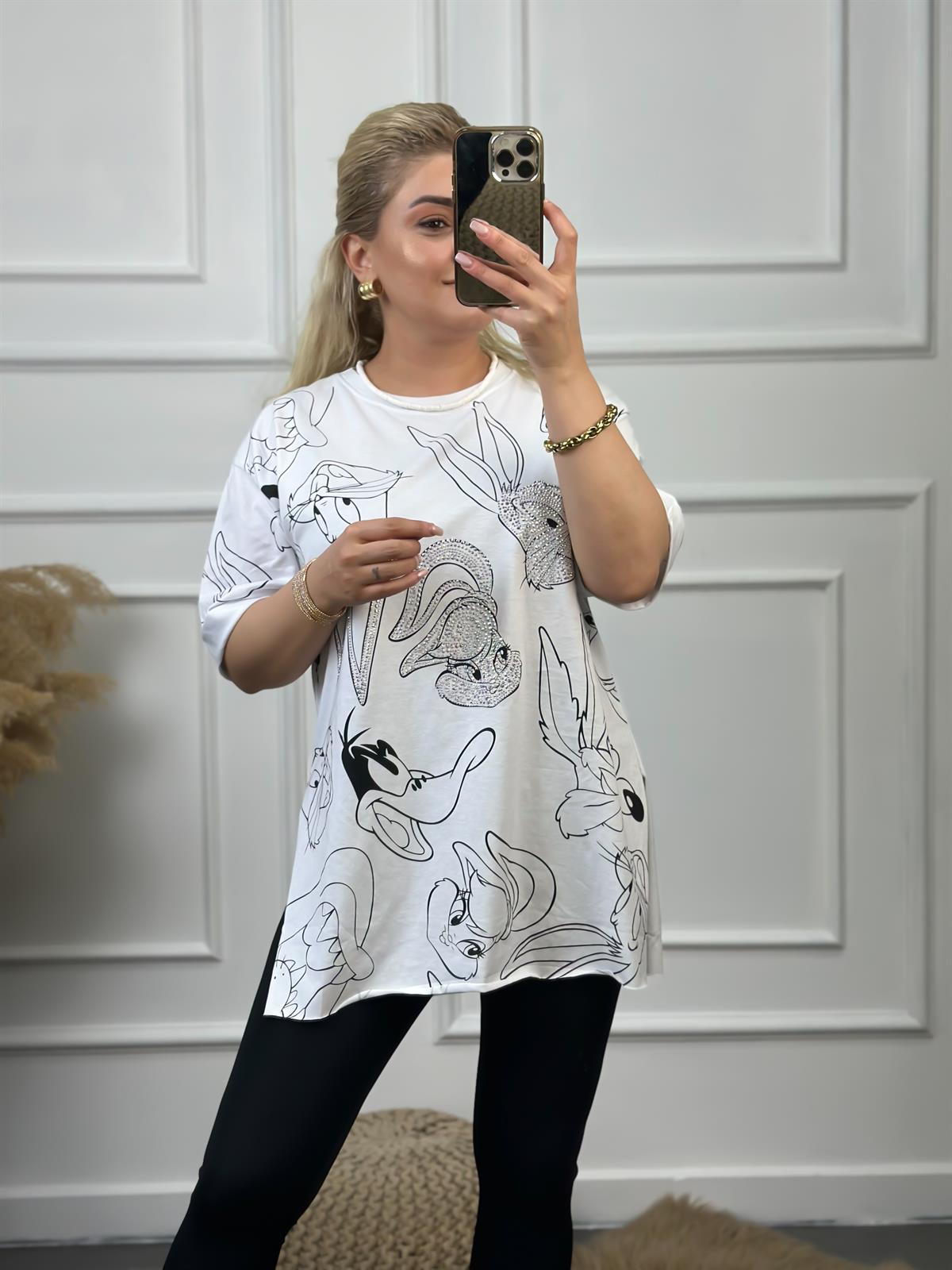 Tavşan Baskılı Taşlı Tshirt BEYAZ
