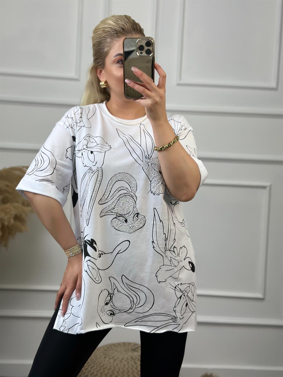 Tavşan Baskılı Taşlı Tshirt BEYAZ
