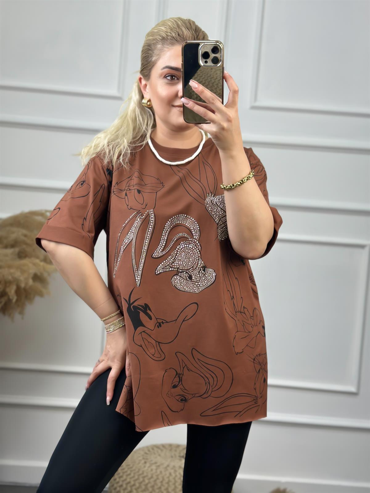 Tavşan Baskılı Taşlı Tshirt KAHVE