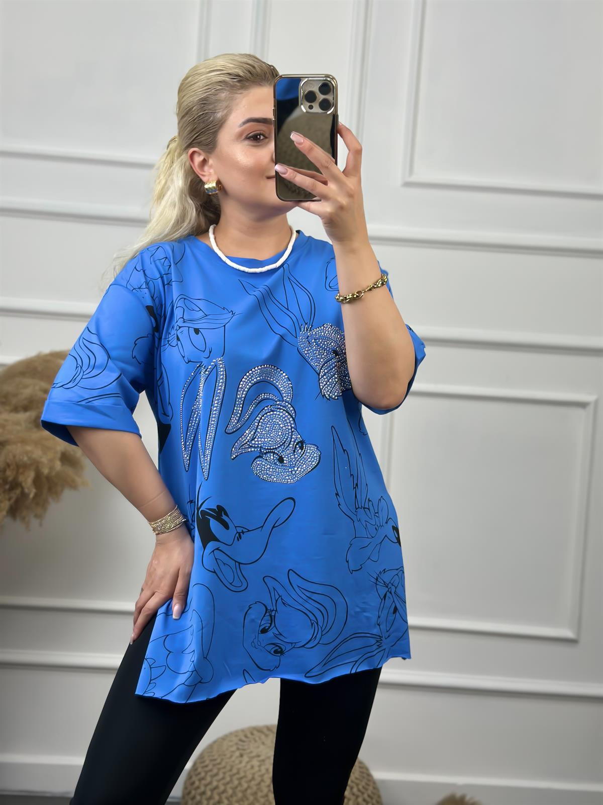 Tavşan Baskılı Taşlı Tshirt MAVİ