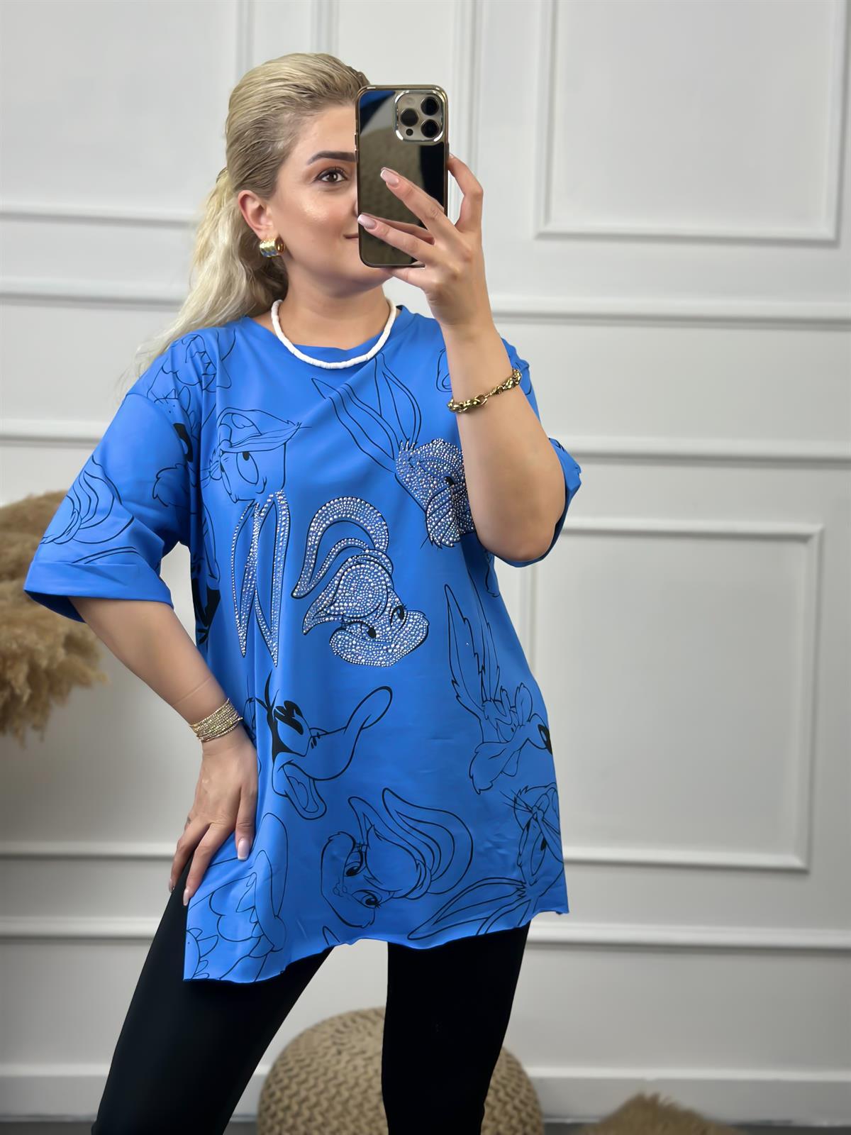 Tavşan Baskılı Taşlı Tshirt MAVİ