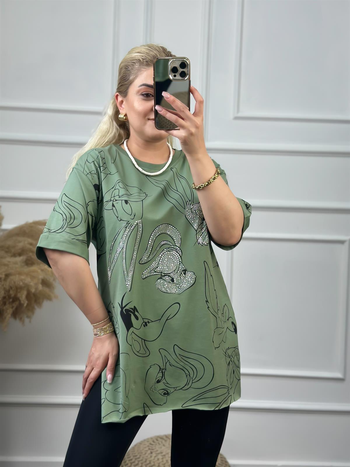 Tavşan Baskılı Taşlı Tshirt YEŞİL