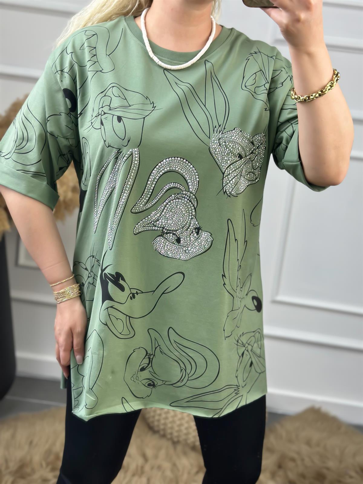 Tavşan Baskılı Taşlı Tshirt YEŞİL