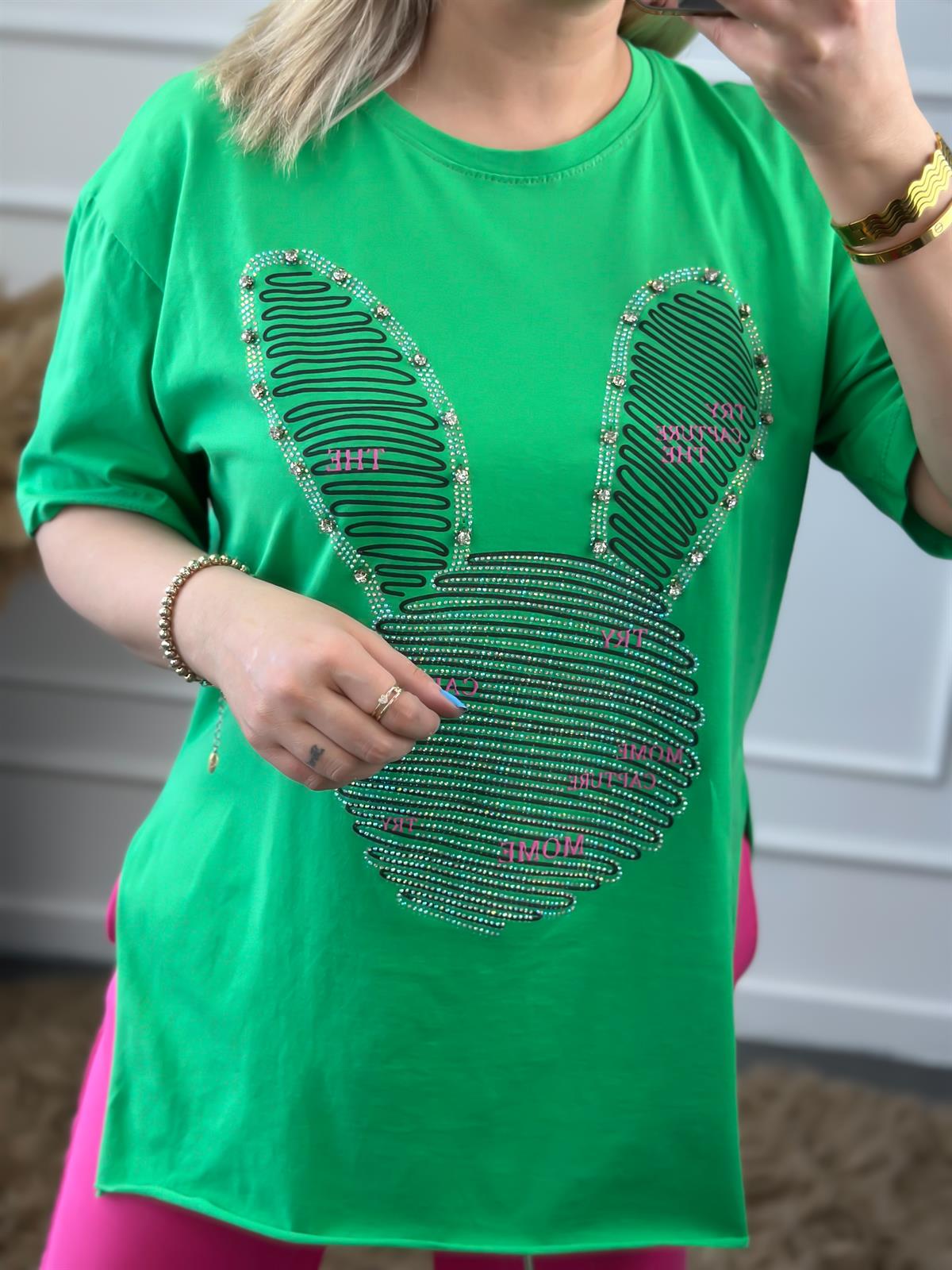 Tavşan Figürlü Taş İşleme Yanları Yırtmaçlı Tshirt YEŞİL
