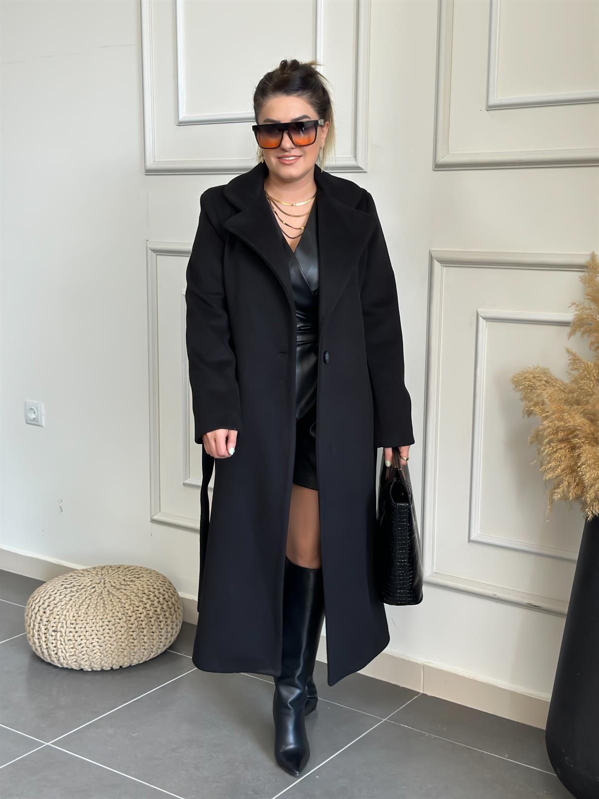 Tek Cepli Kemerli Kaşe Kaban SİYAH