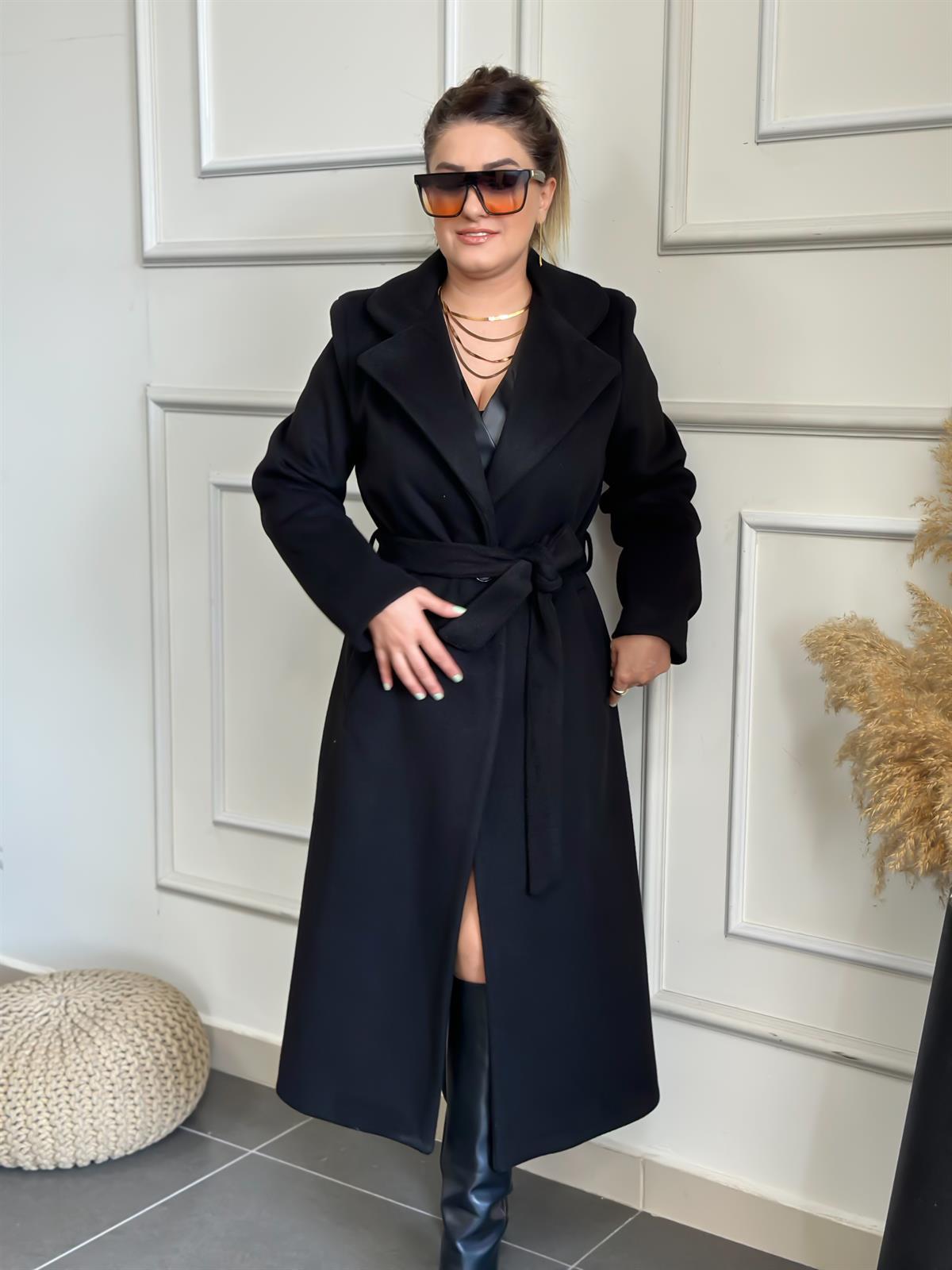 Tek Cepli Kemerli Kaşe Kaban SİYAH