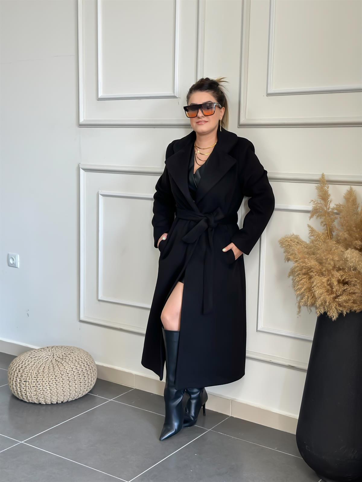 Tek Cepli Kemerli Kaşe Kaban SİYAH