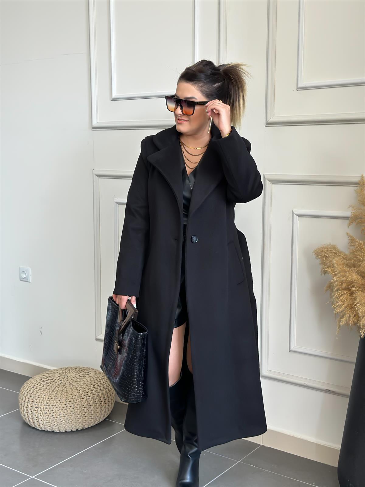 Tek Cepli Kemerli Kaşe Kaban SİYAH