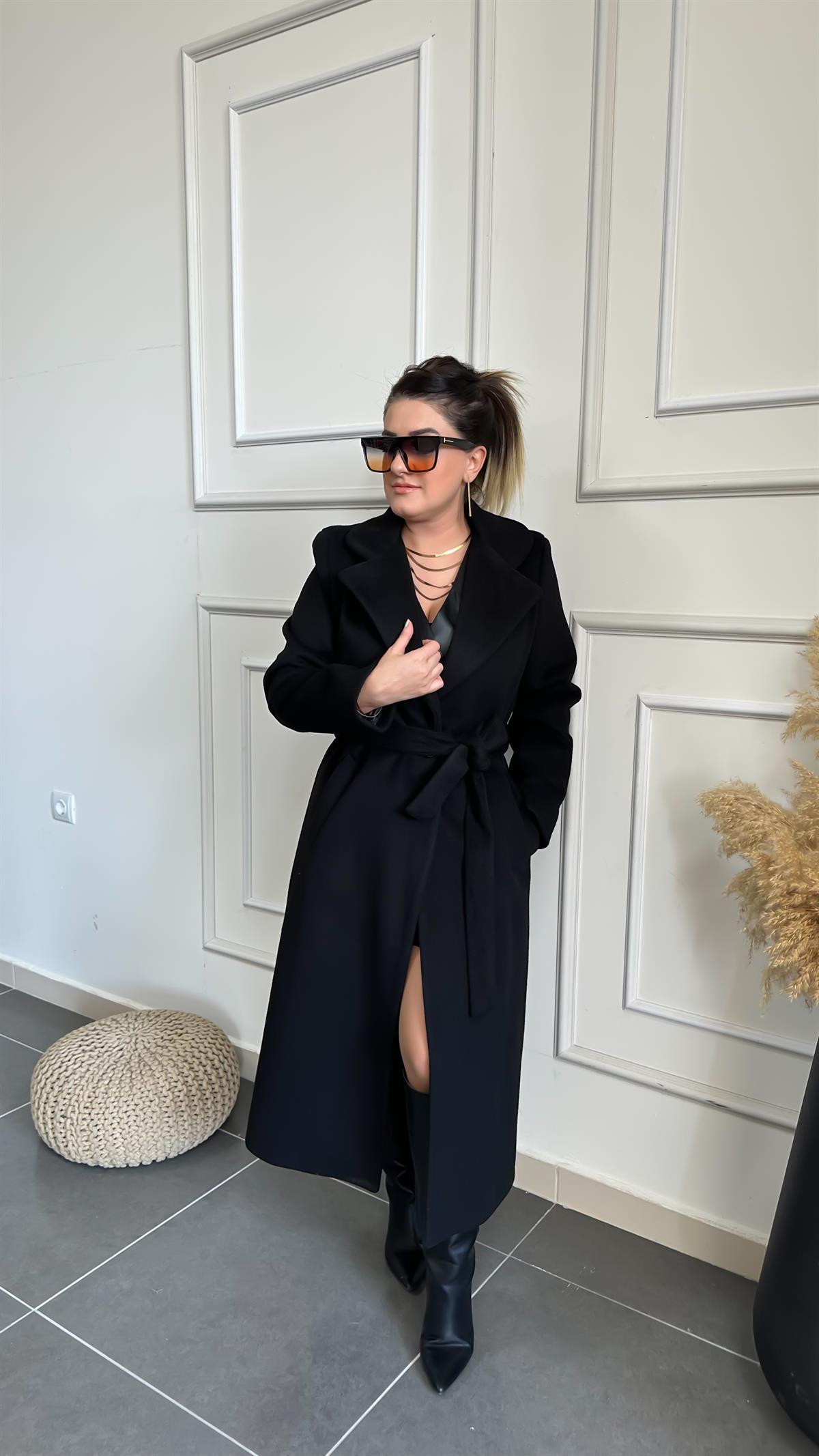 Tek Cepli Kemerli Kaşe Kaban SİYAH