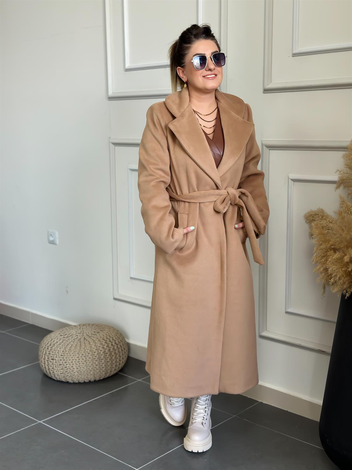 Tek Cepli Kemerli Kaşe Kaban TABA