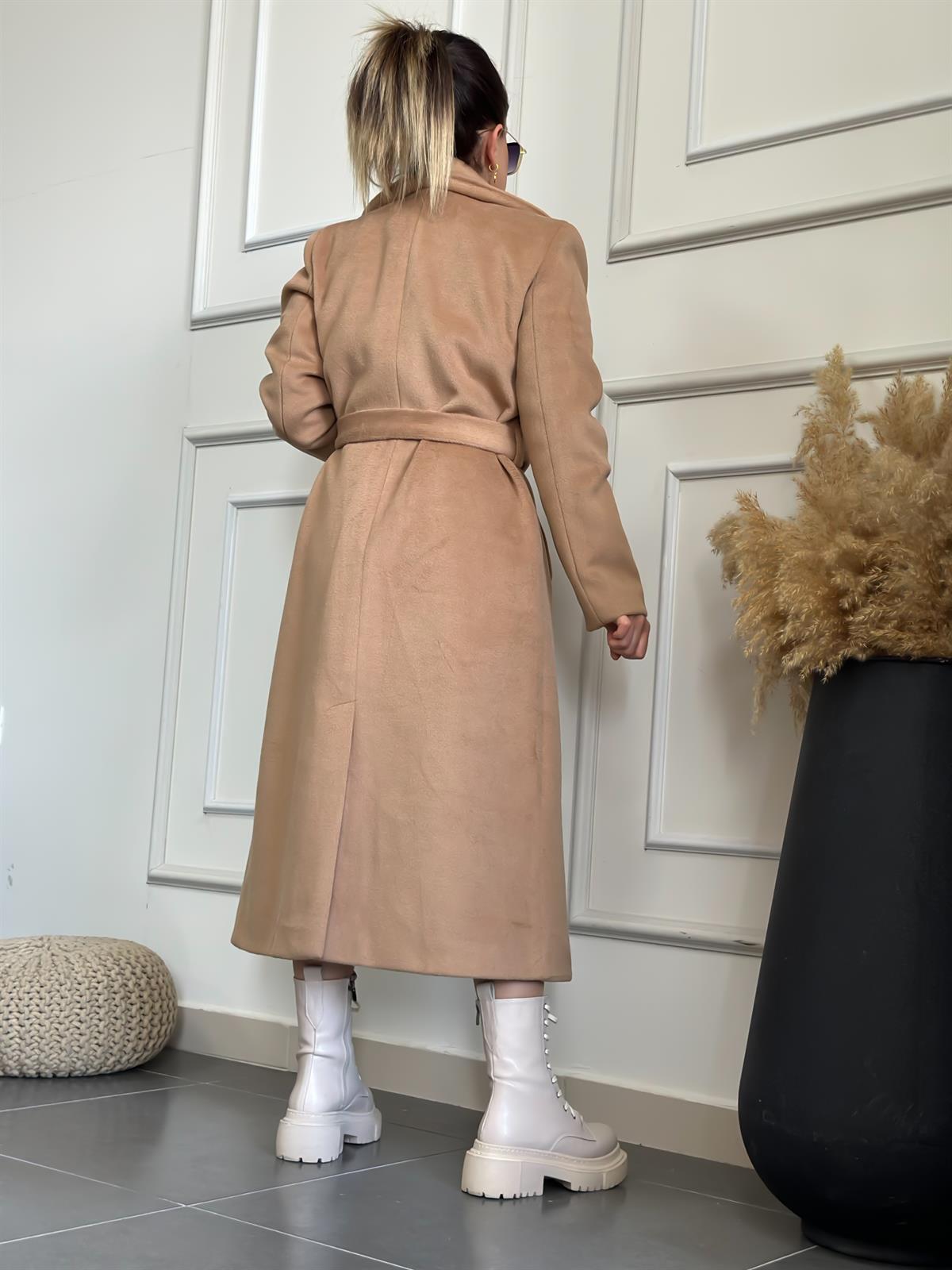 Tek Cepli Kemerli Kaşe Kaban TABA