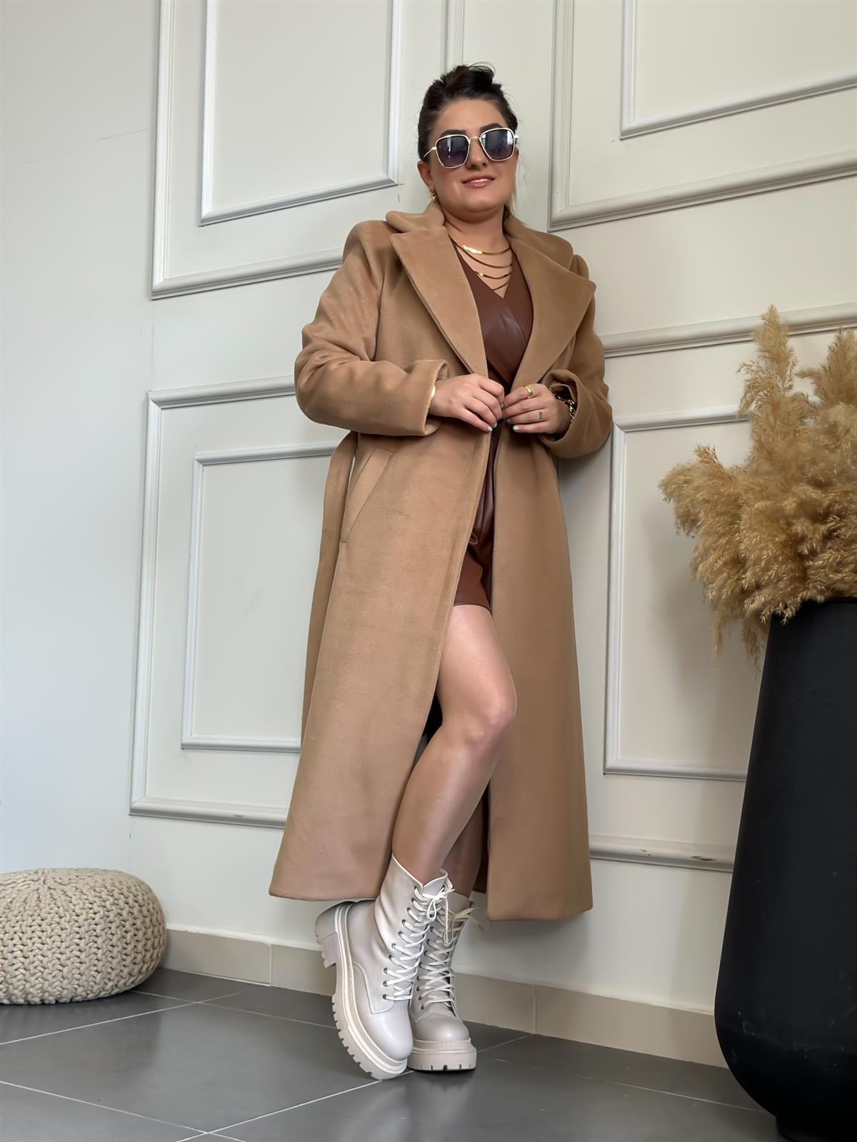 Tek Cepli Kemerli Kaşe Kaban TABA