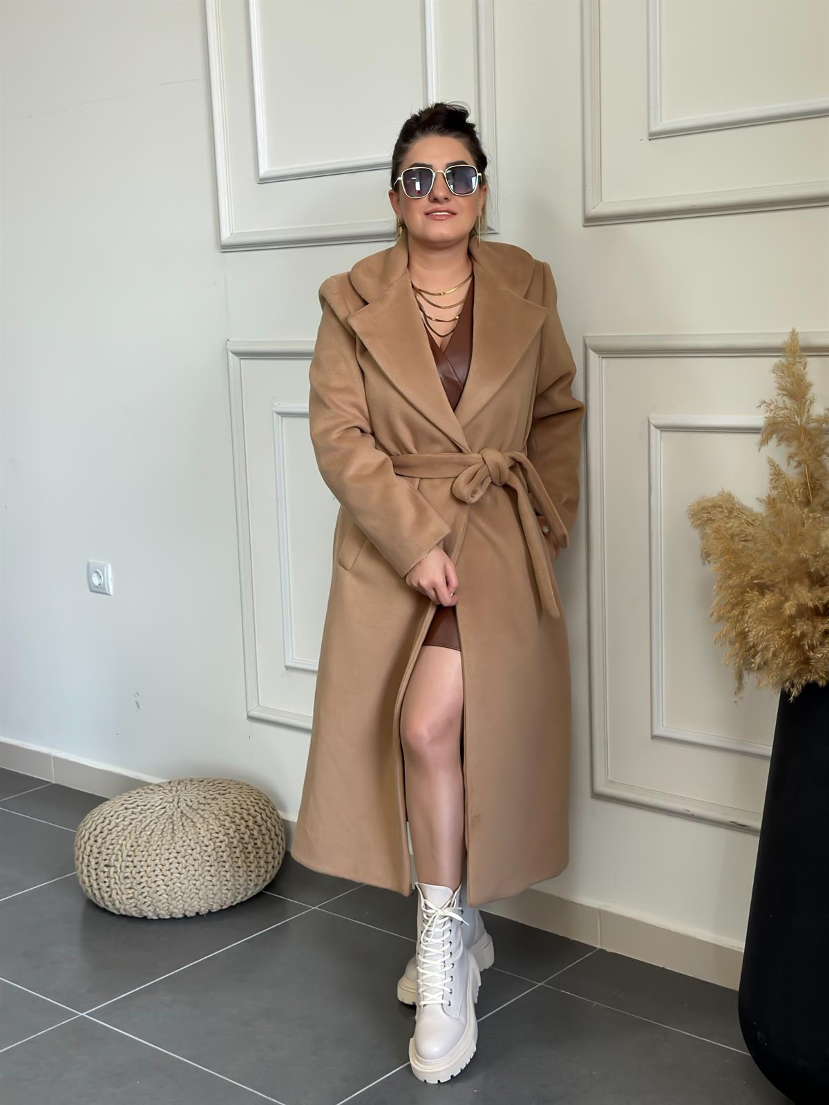 Tek Cepli Kemerli Kaşe Kaban TABA