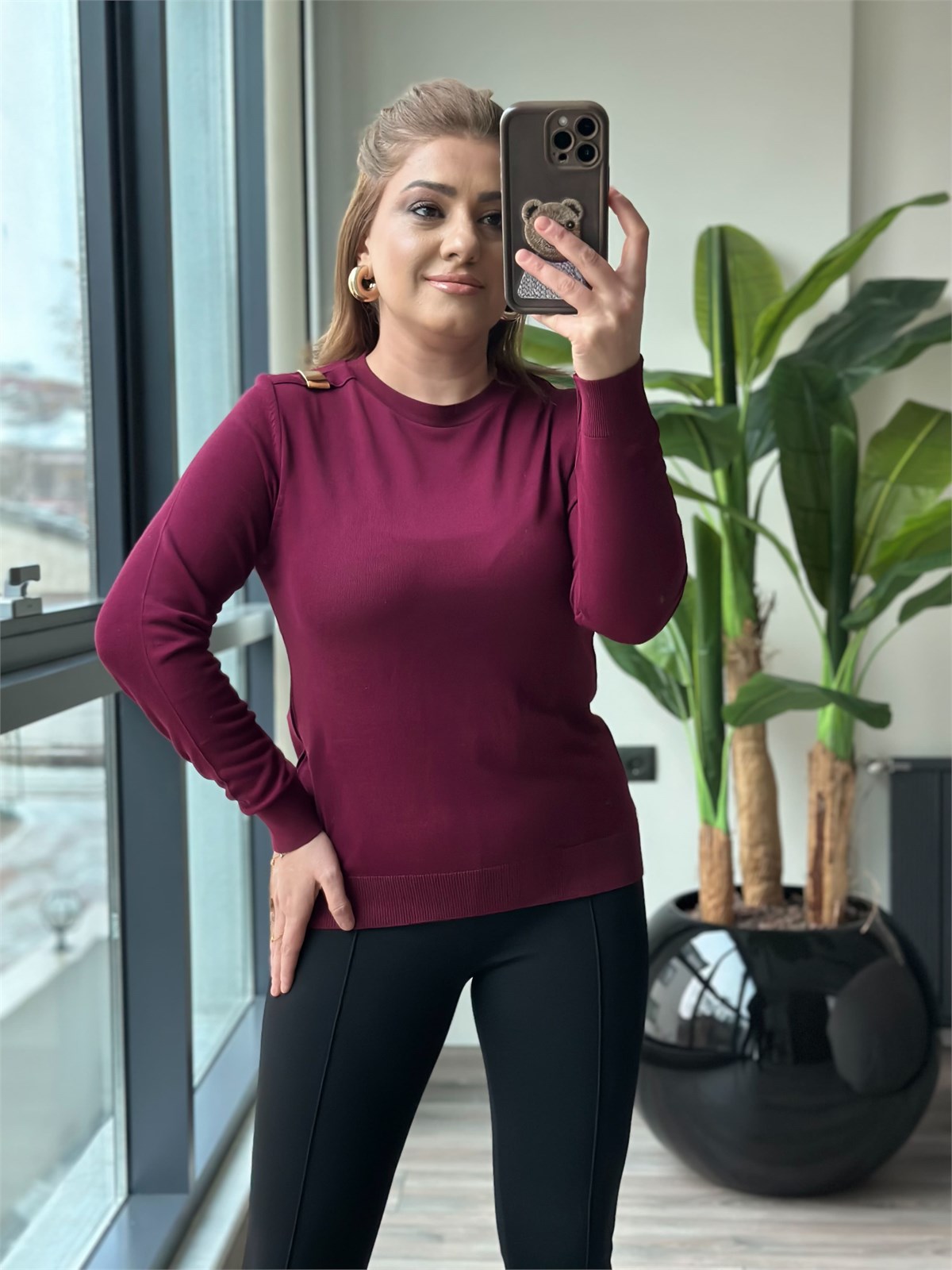 Tek Omuz Taş Detaylı Triko Merserize Kazak BORDO