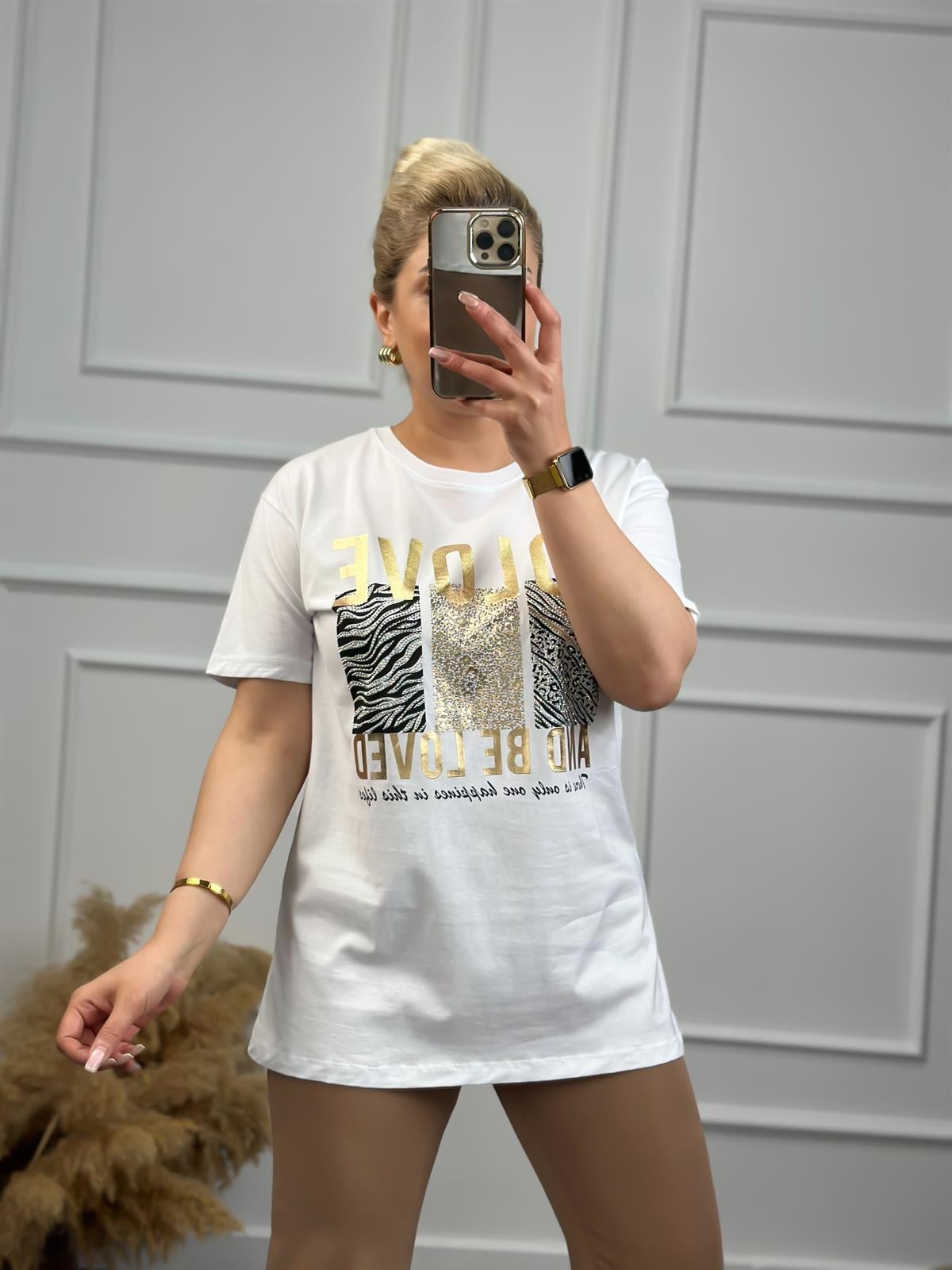 To Love Baskılı Taşlı Tshirt BEYAZ