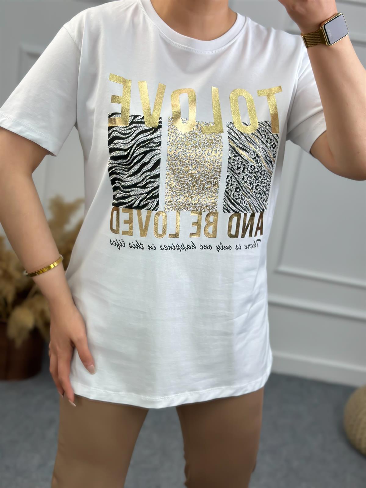 To Love Baskılı Taşlı Tshirt BEYAZ