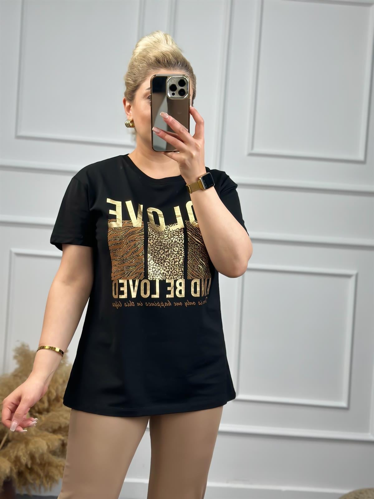 To Love Baskılı Taşlı Tshirt SİYAH